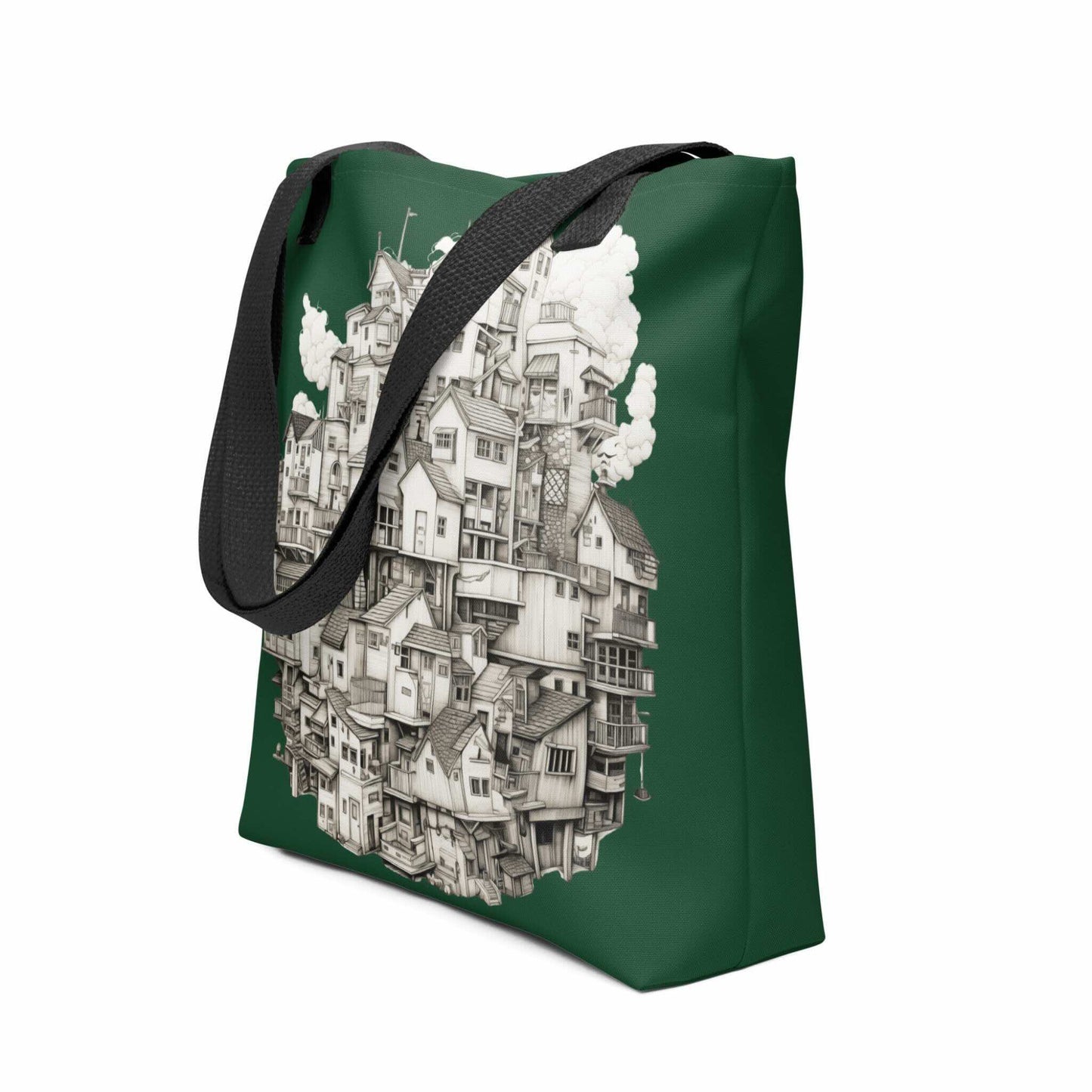A Line Drawing Tote Bag, featuring a magnificent, intricate sphere of stacked houses. This surreal architectural piece evokes themes of community and dense urban fantasy, making it a unique statement accessory. Side view of the 15x15 polyester bag. White background.