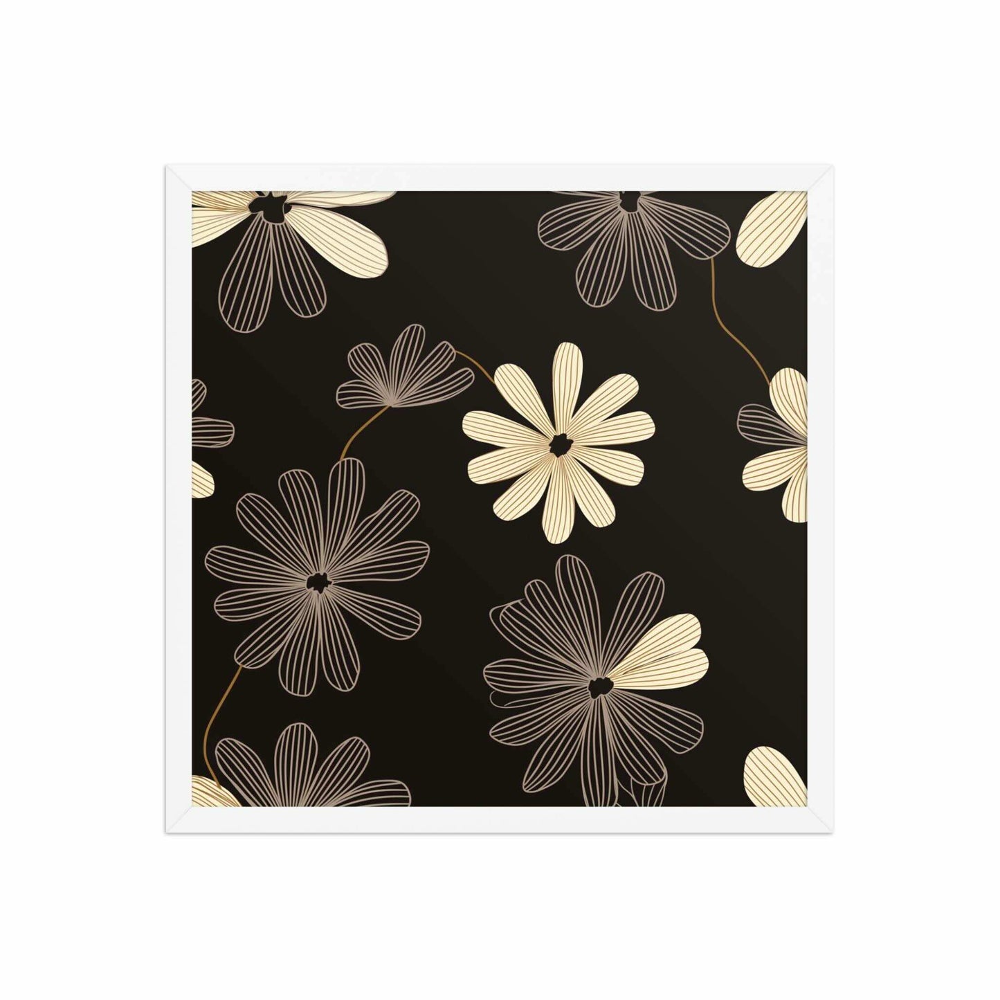 Modern Floral Wall Art framed poster, with a white frame, which features a high-contrast, black and white line art pattern that blends Art Deco flair with minimalist sophistication. Dimension 18x18 inches square. White background.