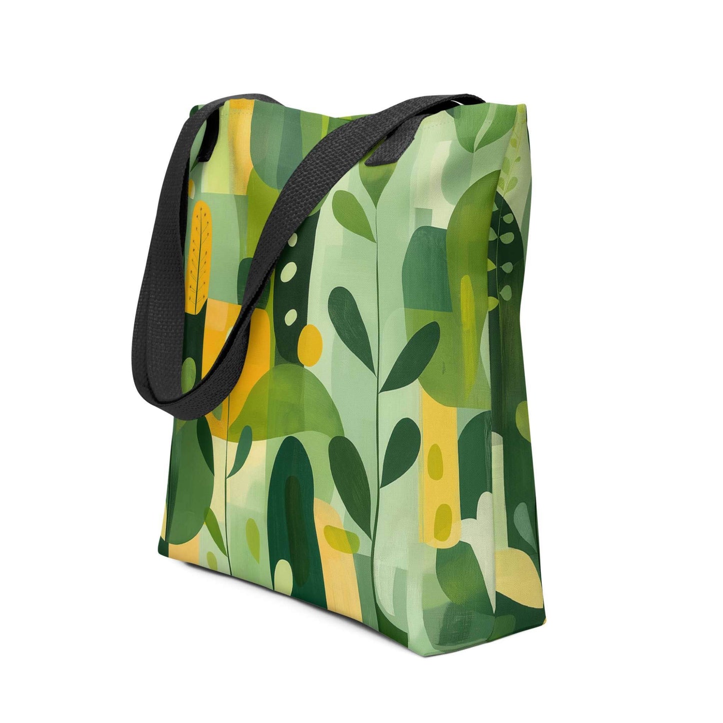 Carry nature's beauty with our "VERDURE" abstract tote bag. This spacious 15x15 inch canvas features soothing earth tones and organic shapes, a modern celebration of the natural world. Shop our unique abstract tote bags today and add a touch of calm sophistication to your style. Black handle. Side view of bag against white background.