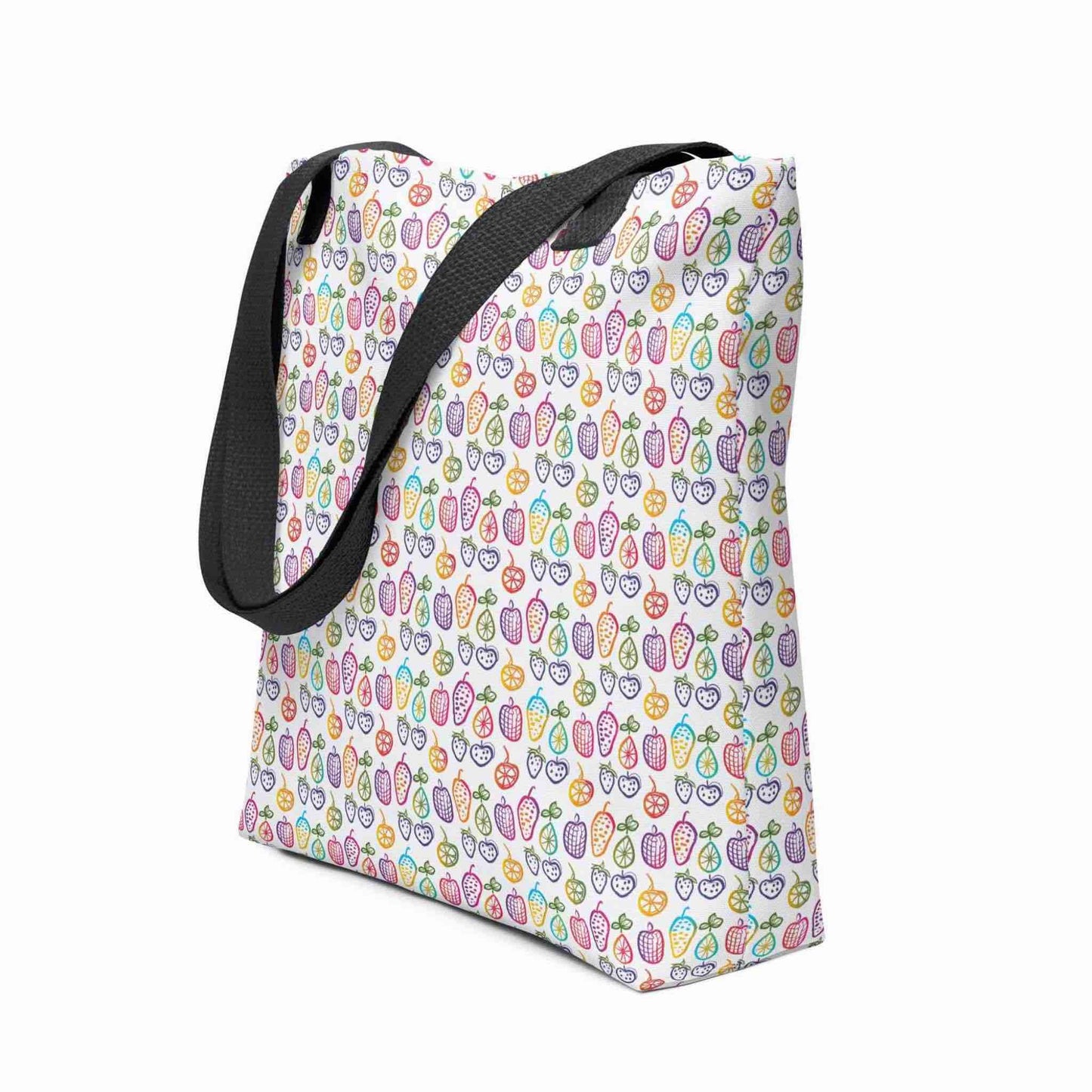 A fruit tote bag with black handles, which features a colourful cheerful doodles of fruits in a crisp white background, shown in side view. Dimension 15x15 inches. White background.