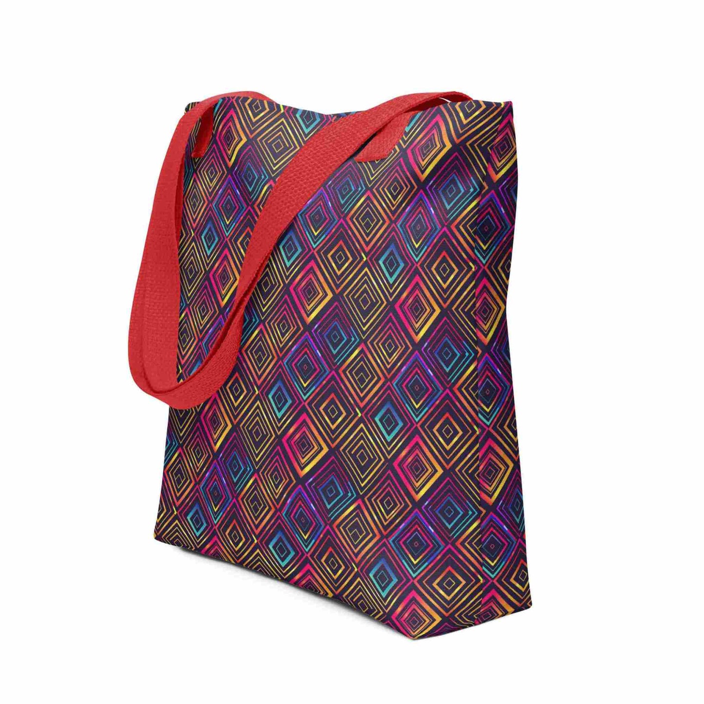 Fashion tote bag with red handles, which features a neon tapestry design in a sophisticated blend of colors, shown in side view. Dimension 15x15 inches. White background.