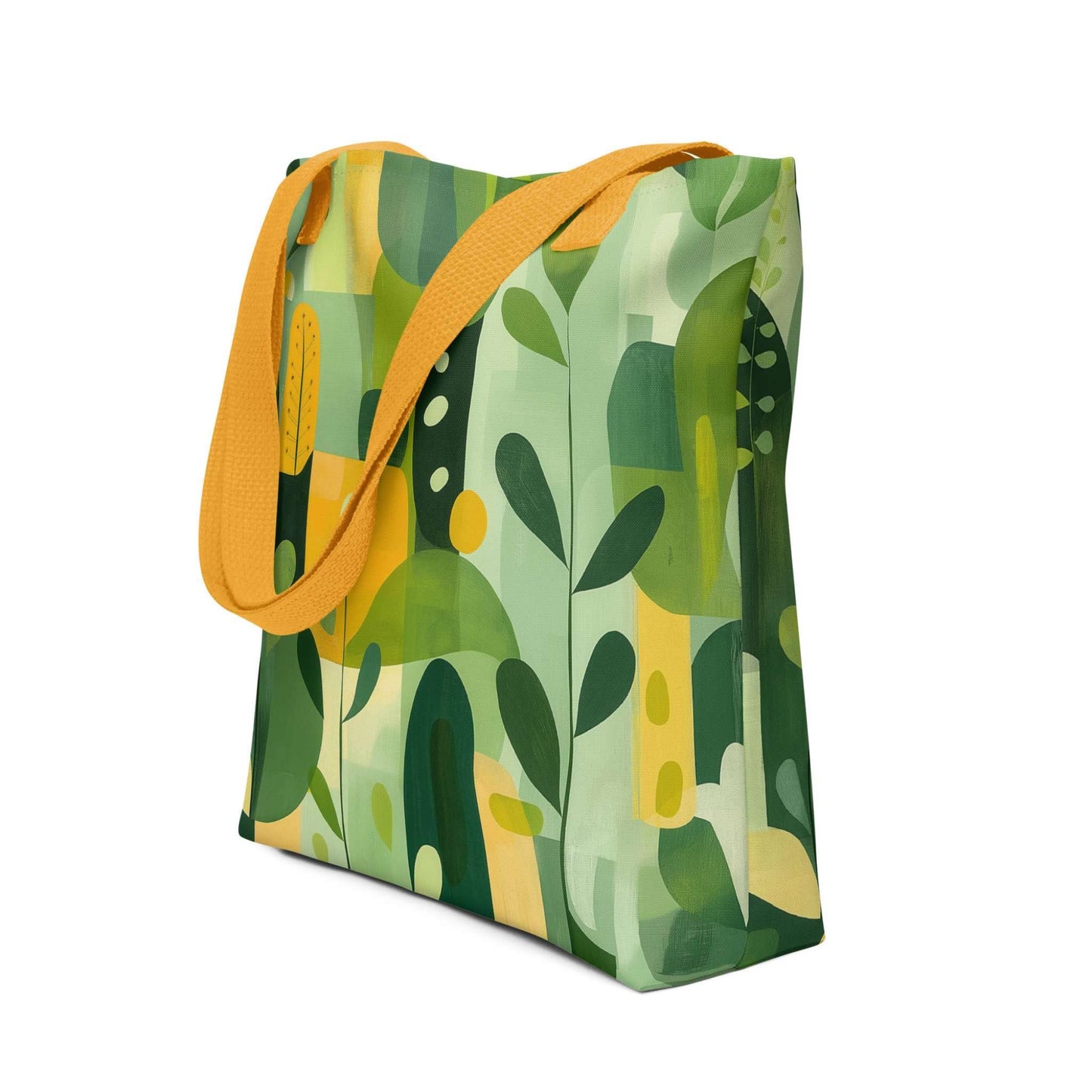 Carry nature's beauty with our "VERDURE" abstract tote bag. This spacious 15x15 inch canvas features soothing earth tones and organic shapes, a modern celebration of the natural world. Shop our unique abstract tote bags today and add a touch of calm sophistication to your style. Yellow handle. Side view of bag against white background.