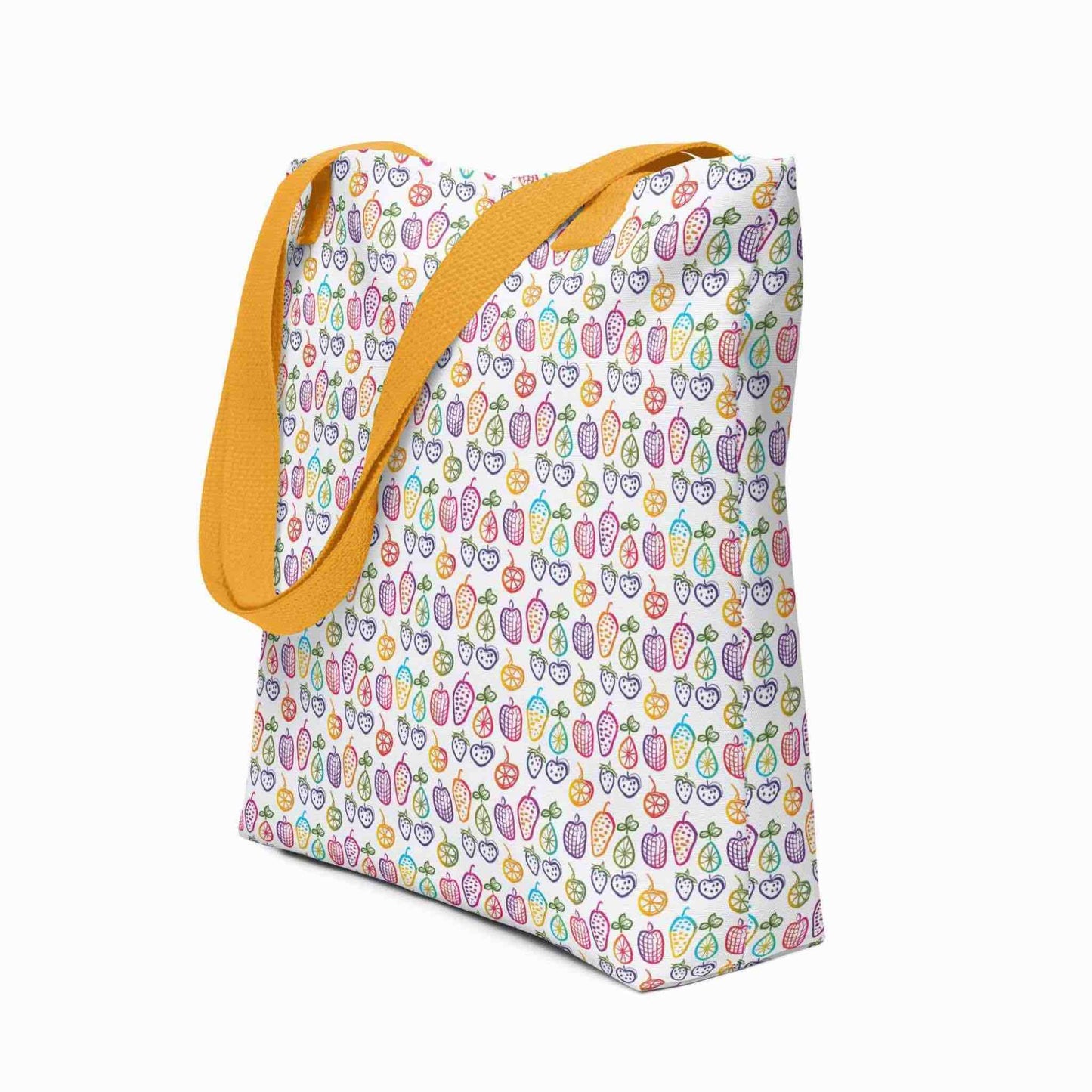 A fruit tote bag with yellow handles, which features a colourful cheerful doodles of fruits in a crisp white background, shown in side view. Dimension 15x15 inches. White background.