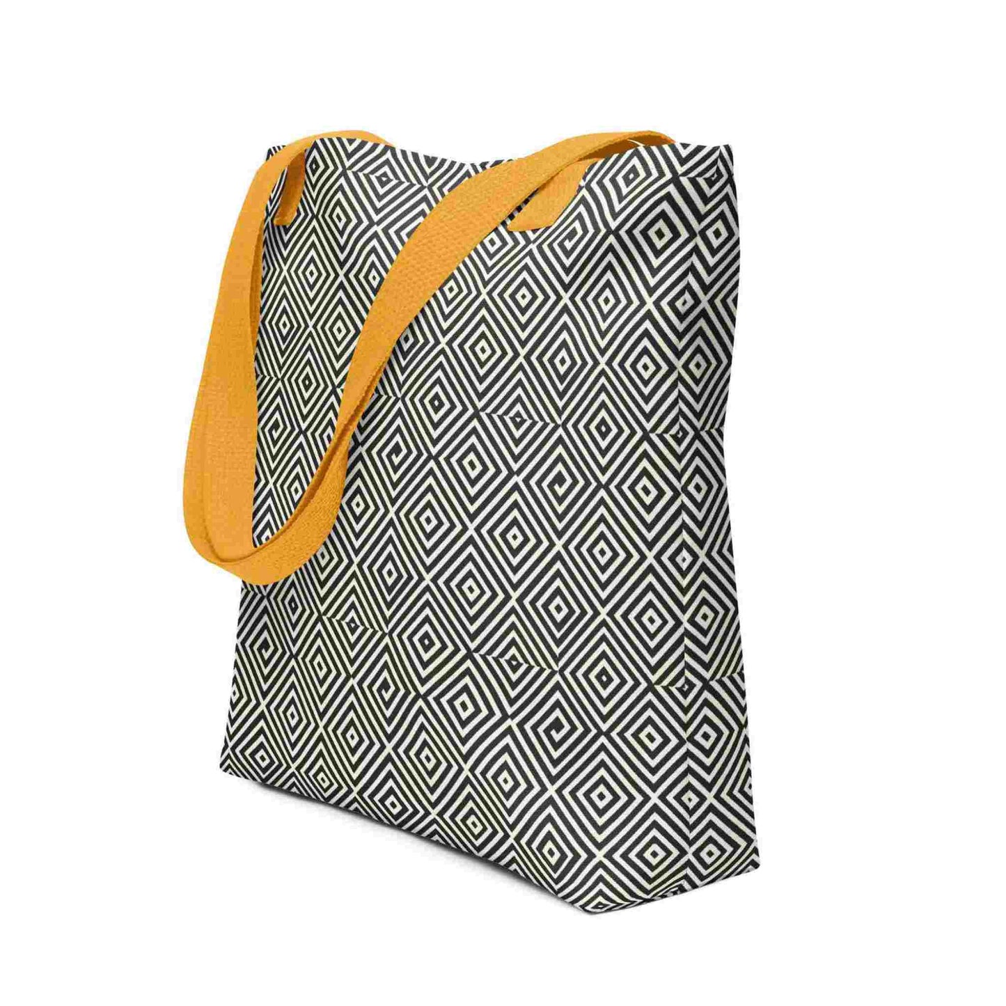 A diamond pattern tote bag with yellow handles, which features a mesmerizing black and whitegeometric look. White background