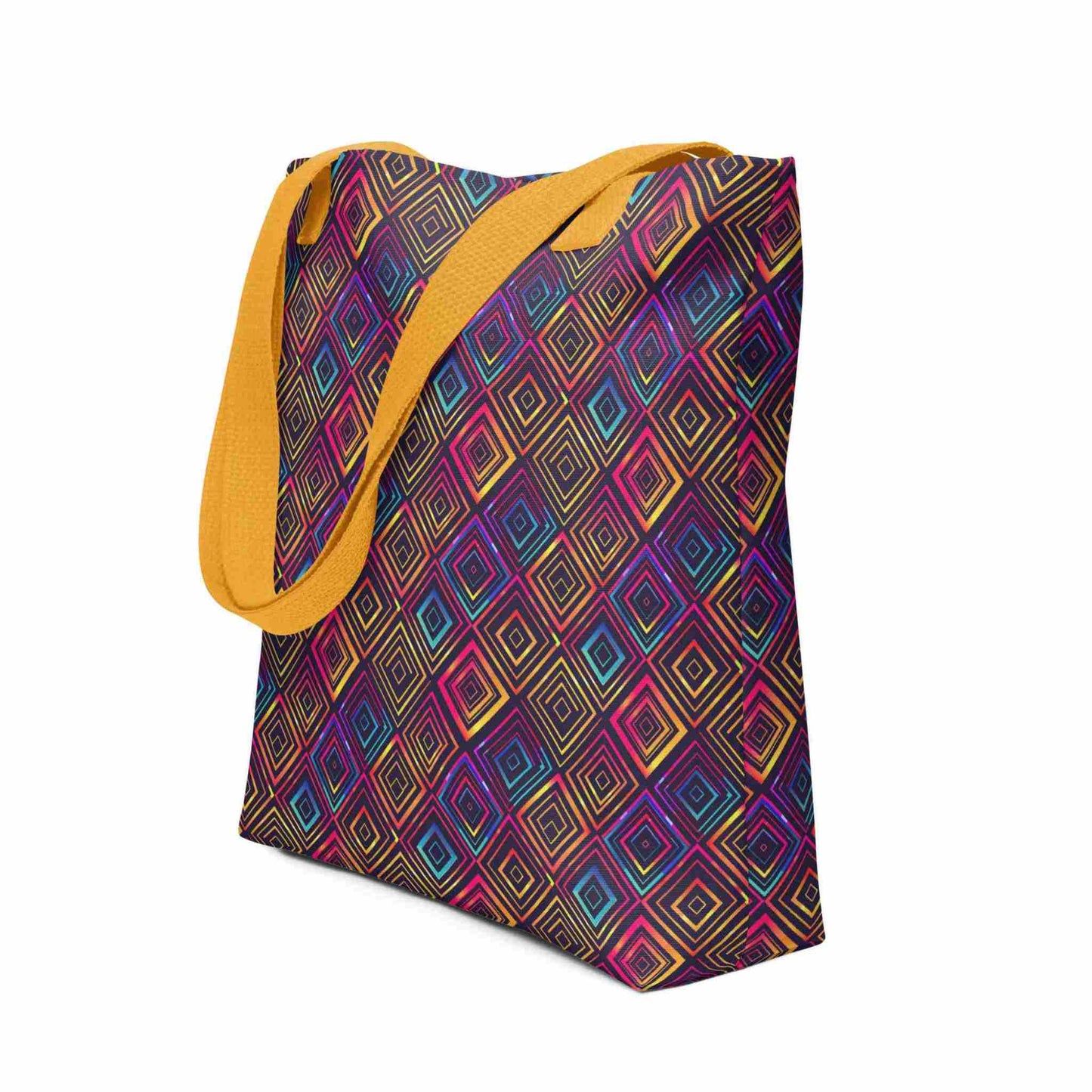 Fashion tote bag with yellow handles, which features a neon tapestry design in a sophisticated blend of colors, shown in side view. Dimension 15x15 inches. White background.