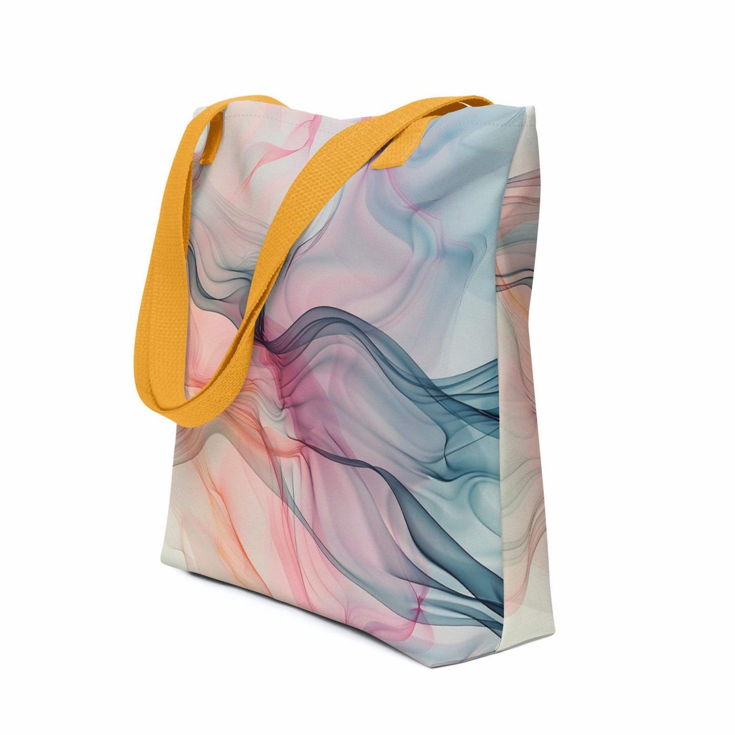 Fashion ladies tote bag with yellow handles, which design features an abstract art of artistic wavy bluish and pastel lines, shown in side view. Dimension 15x15 inches. White background.
