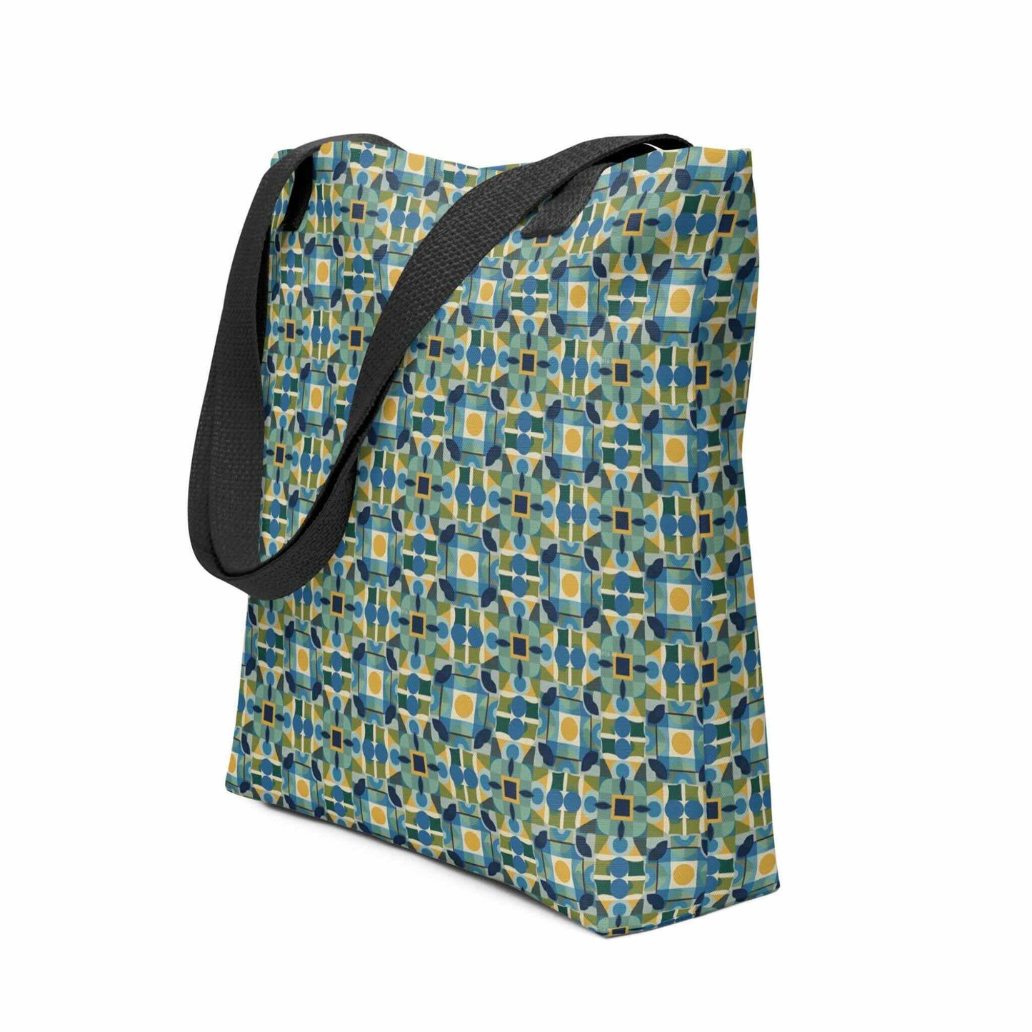Elevate your style with the TILEWAVE Abstract Tote Bag, featuring a vibrant geometric tile pattern in modern retro hues. Perfect for daily essentials, this 15" x 15" polyester tote bag combines playful structure with sophisticated charm. Black handle. Side view. White background.
