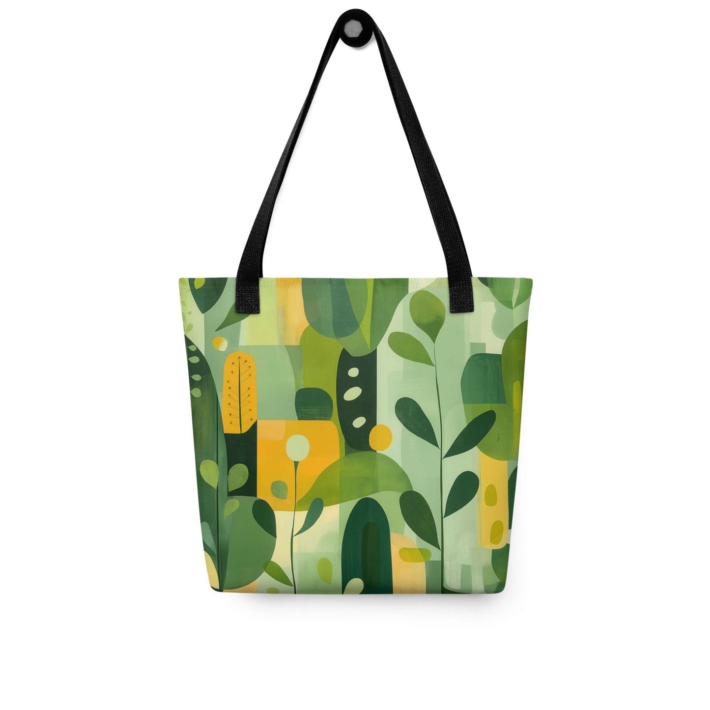 Carry nature's beauty with our "VERDURE" abstract tote bag. This spacious 15x15 inch canvas features soothing earth tones and organic shapes, a modern celebration of the natural world. Shop our unique abstract tote bags today and add a touch of calm sophistication to your style. Black handle. Bag hans on a white wall.