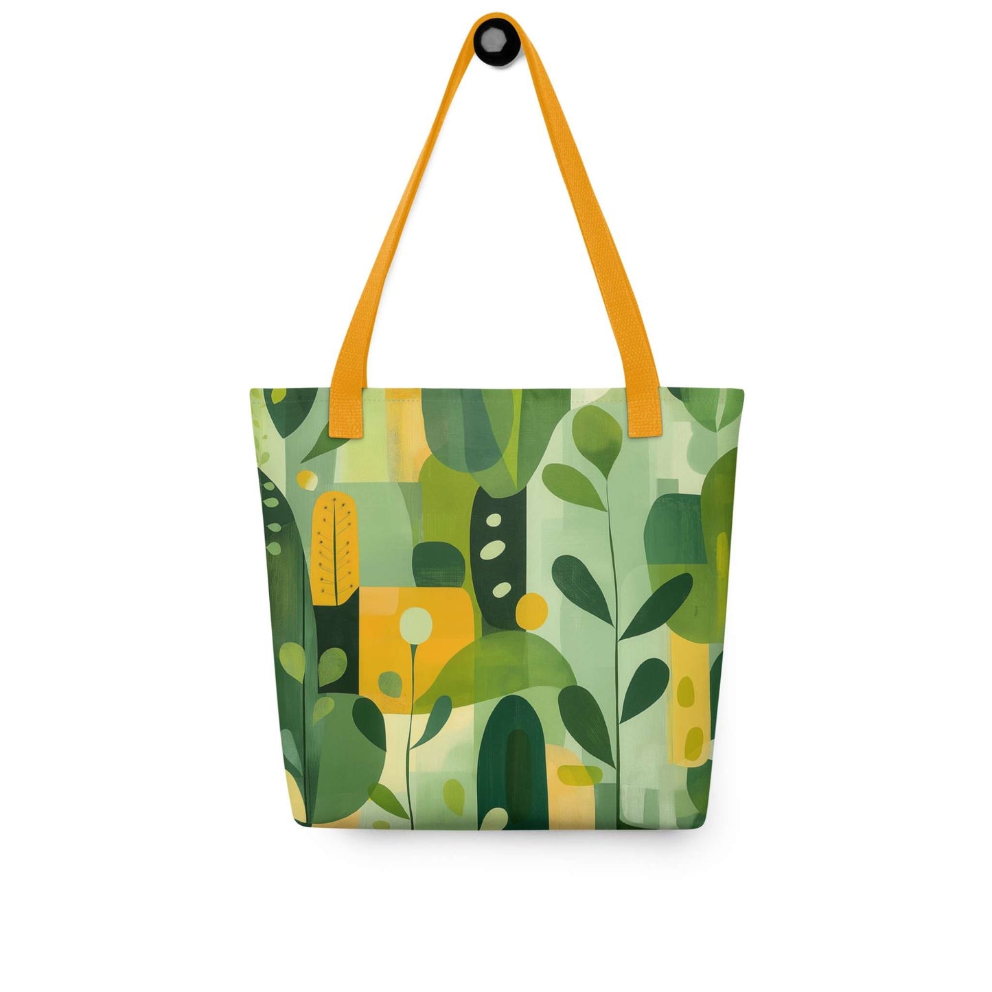 Carry nature's beauty with our "VERDURE" abstract tote bag. This spacious 15x15 inch canvas features soothing earth tones and organic shapes, a modern celebration of the natural world. Shop our unique abstract tote bags today and add a touch of calm sophistication to your style. Yellow handle. Bag hans on a white wall.