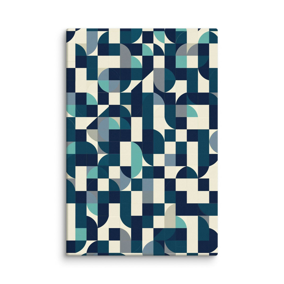 MODULO mid century modern abstract art print on 24x46 inch canvas, geometric grid of navy, teal, turquoise and cream quarter circles, front view on white background, by Carpina Designs