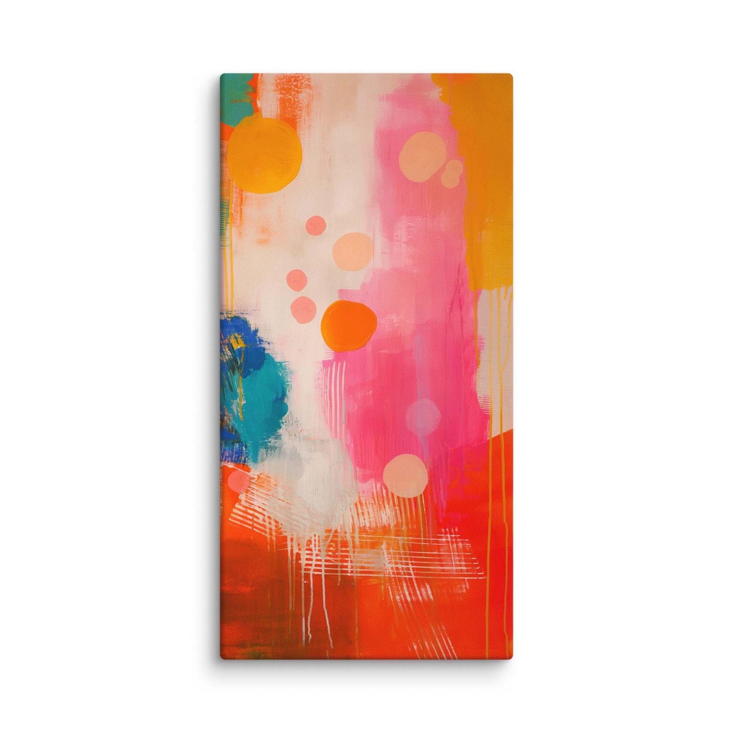 A stunning abstract canvas print featuring eye-catching artwork patches in red, orange, pink, blue and cream. This playful and sophisticated piece is in a 16x32 inches dimension.