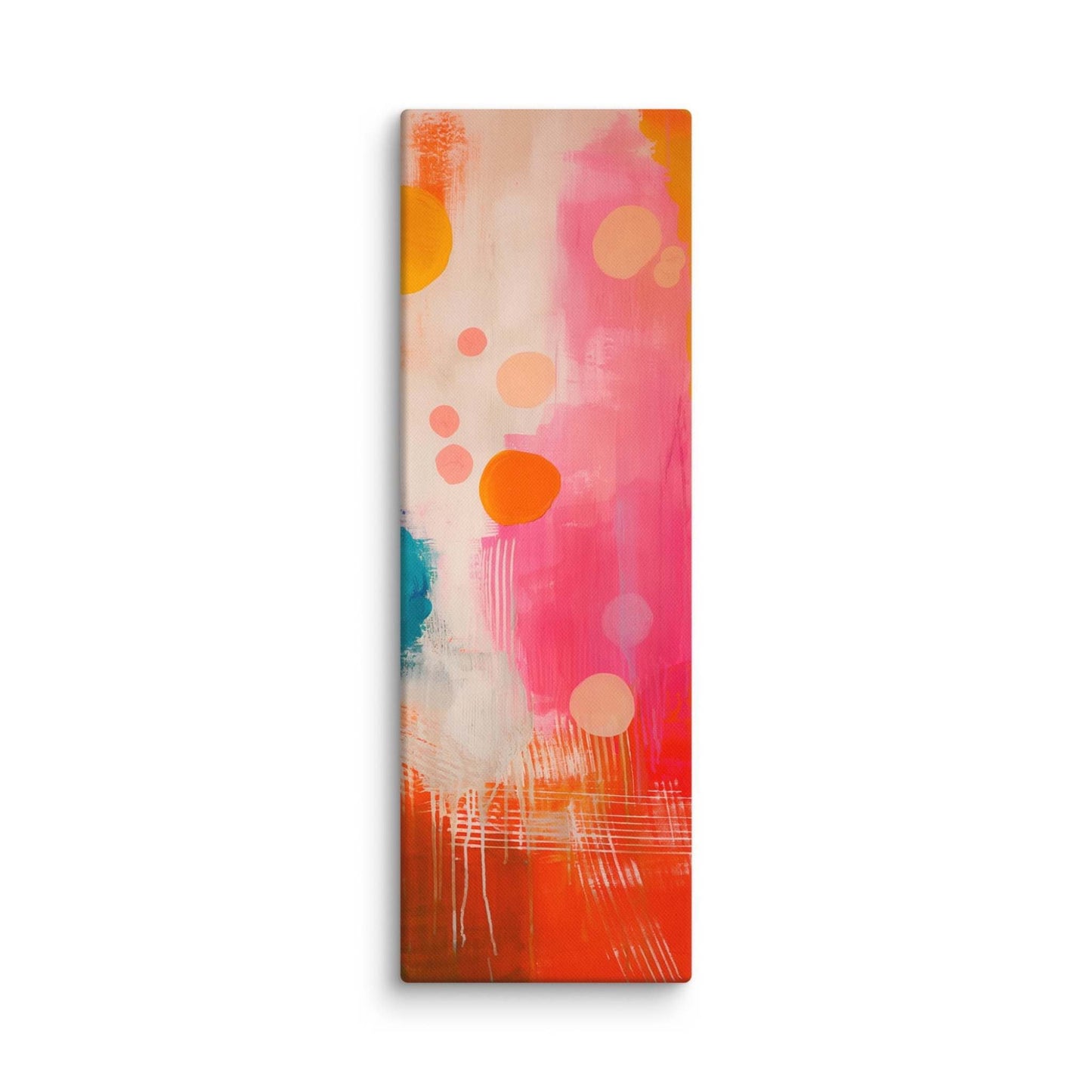 A stunning abstract canvas print featuring eye-catching artwork patches in red, orange, pink, blue and cream. This playful and sophisticated piece is in a 16x48 inches dimension.