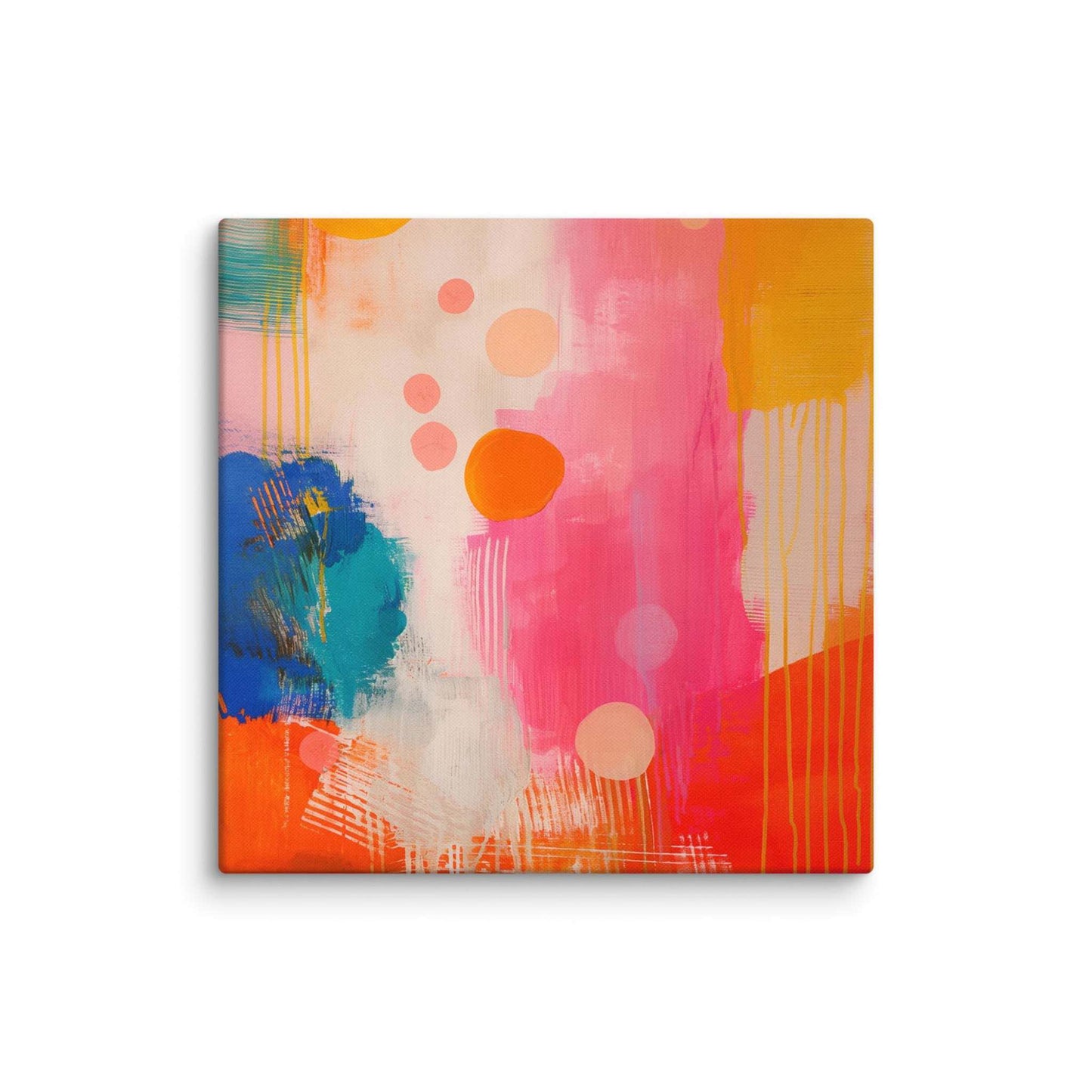 A stunning abstract canvas print featuring eye-catching artwork patches in red, orange, pink, blue and cream. This playful and sophisticated piece is in a 18x18 inches dimension.