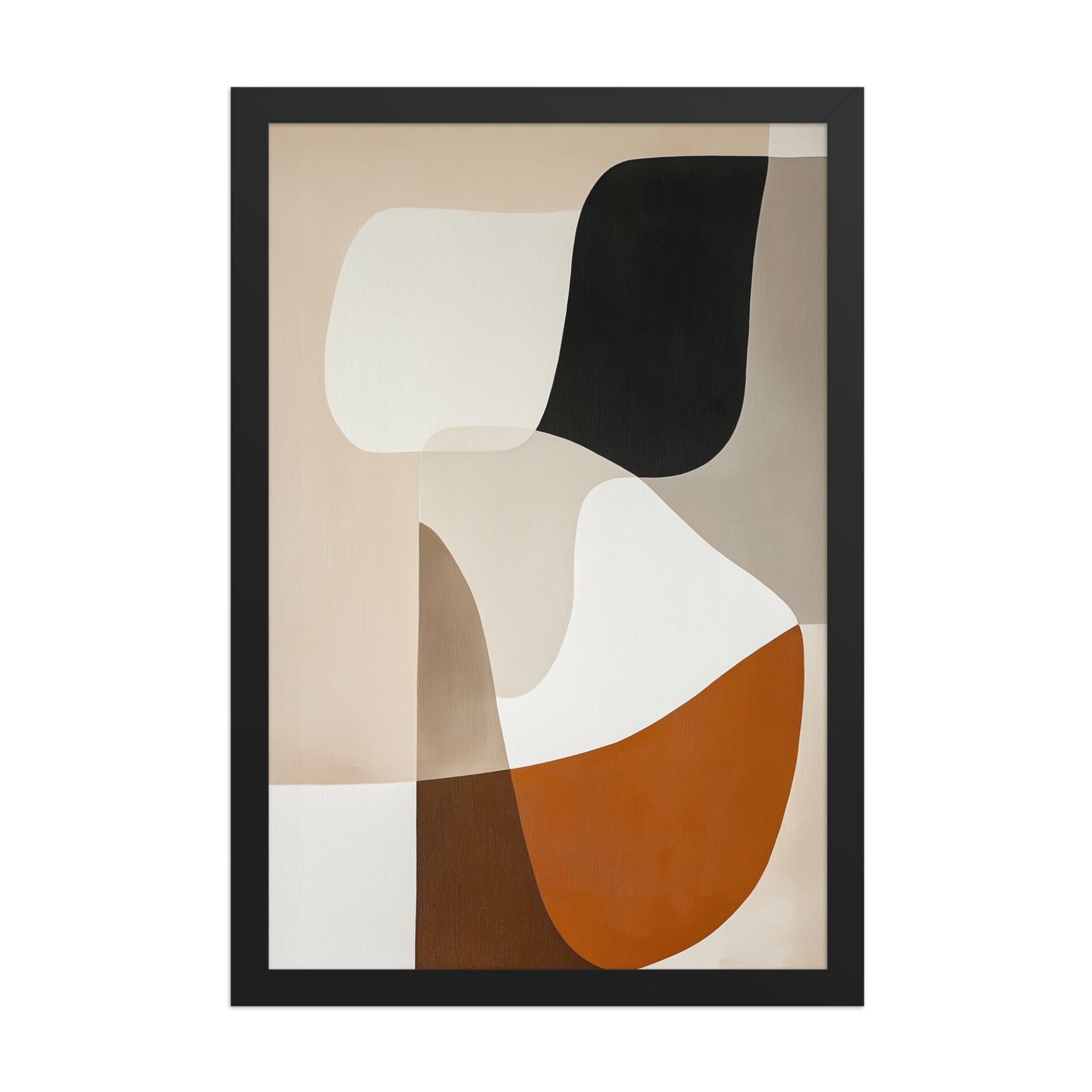 Discover "ORVAN," a sophisticated framed poster featuring elegant, organic abstract art in warm neutrals. Beige, cream, taupe, terracotta, rust, and black blend with smooth transitions, creating calming yet visually captivating piece. 12x18 inches portrait dimension. Framed in wood in black color. White background.