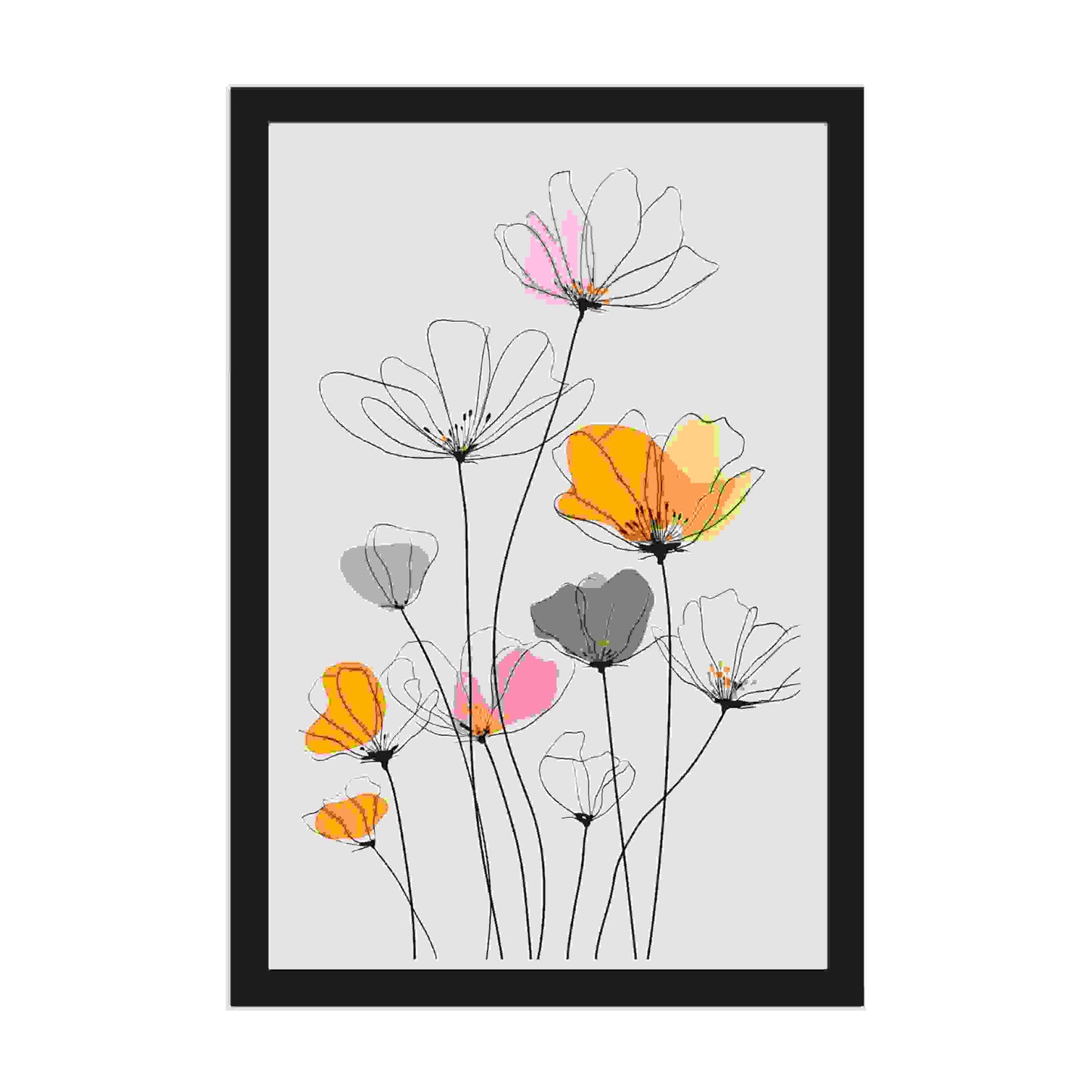 A stunning minimalist Line drawing flowers art print. Delicate black lines meet soft, abstract watercolors in peach, orange. Black frame. Dimension 12x18In portrait. White background.
