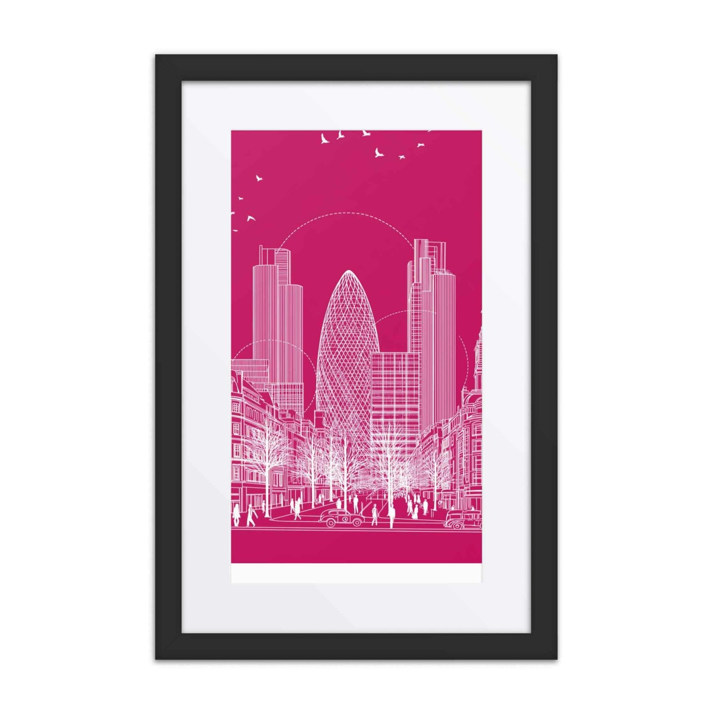 London wall art featuring a sophisticated line drawing which captures the vibrant energy of London, in a framed poster with black frame and thick mat. Dimension 12x18-In portrait. White background.