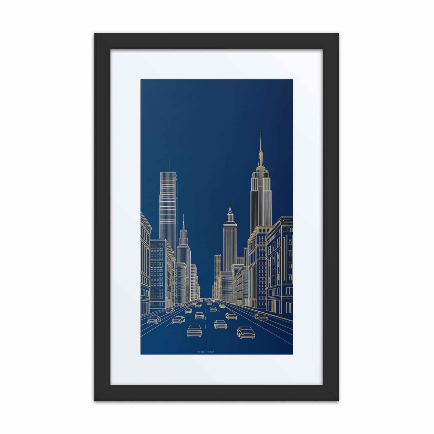 New York skyline line drawing in bold gold lines against a deep architectural blue, in a framed poster with mat. Black frame. Dimension 12x18In portrait. White background.