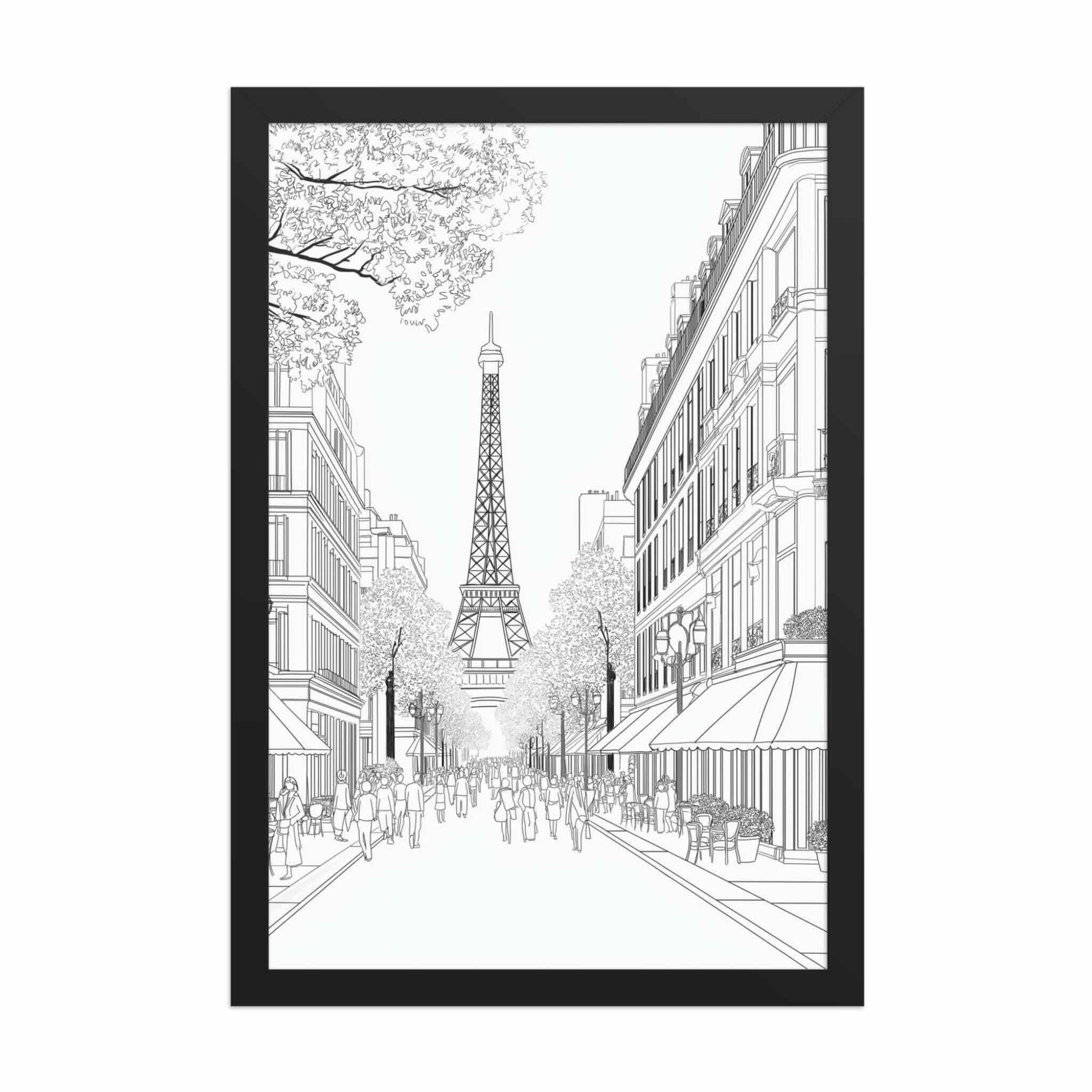 This Paris street drawing framed poster captures the iconic elegance of a French boulevard, in delicate black and white line art. Black Frame. Dimensions 12x18in portrait. White background.