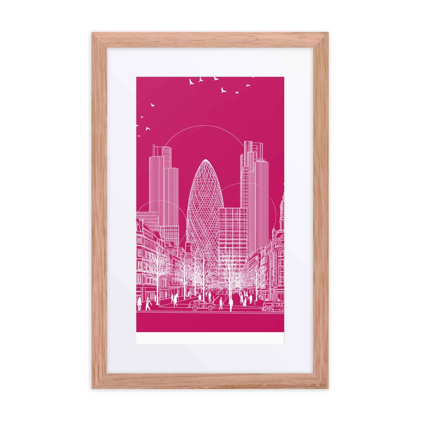 London wall art featuring a sophisticated line drawing which captures the vibrant energy of London, in a framed poster with red oak frame and thick mat. Dimension 12x18-In portrait. White background.