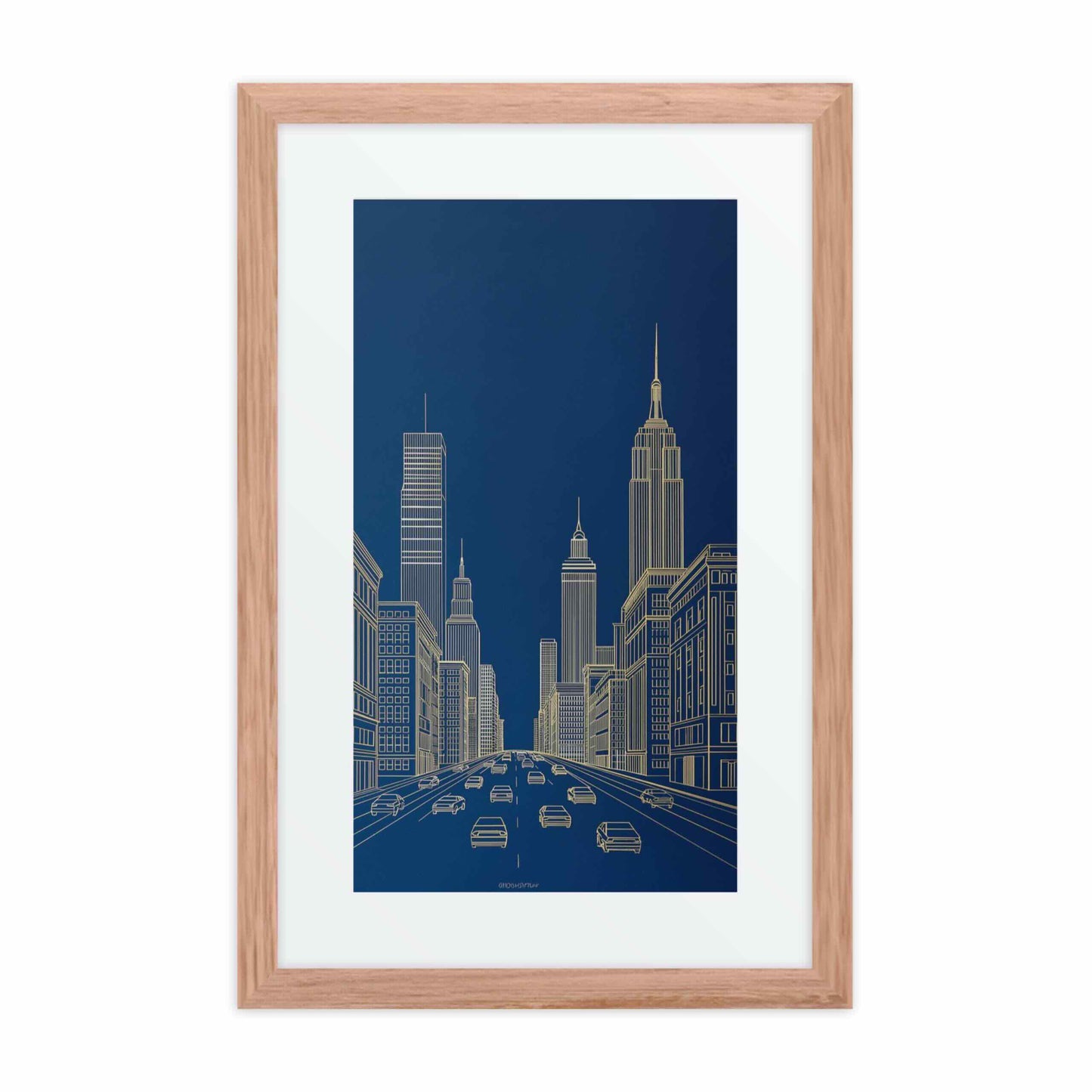 New York skyline line drawing in bold gold lines against a deep architectural blue, in a framed poster with mat. Red oak frame. Dimension 12x18In portrait. White background.