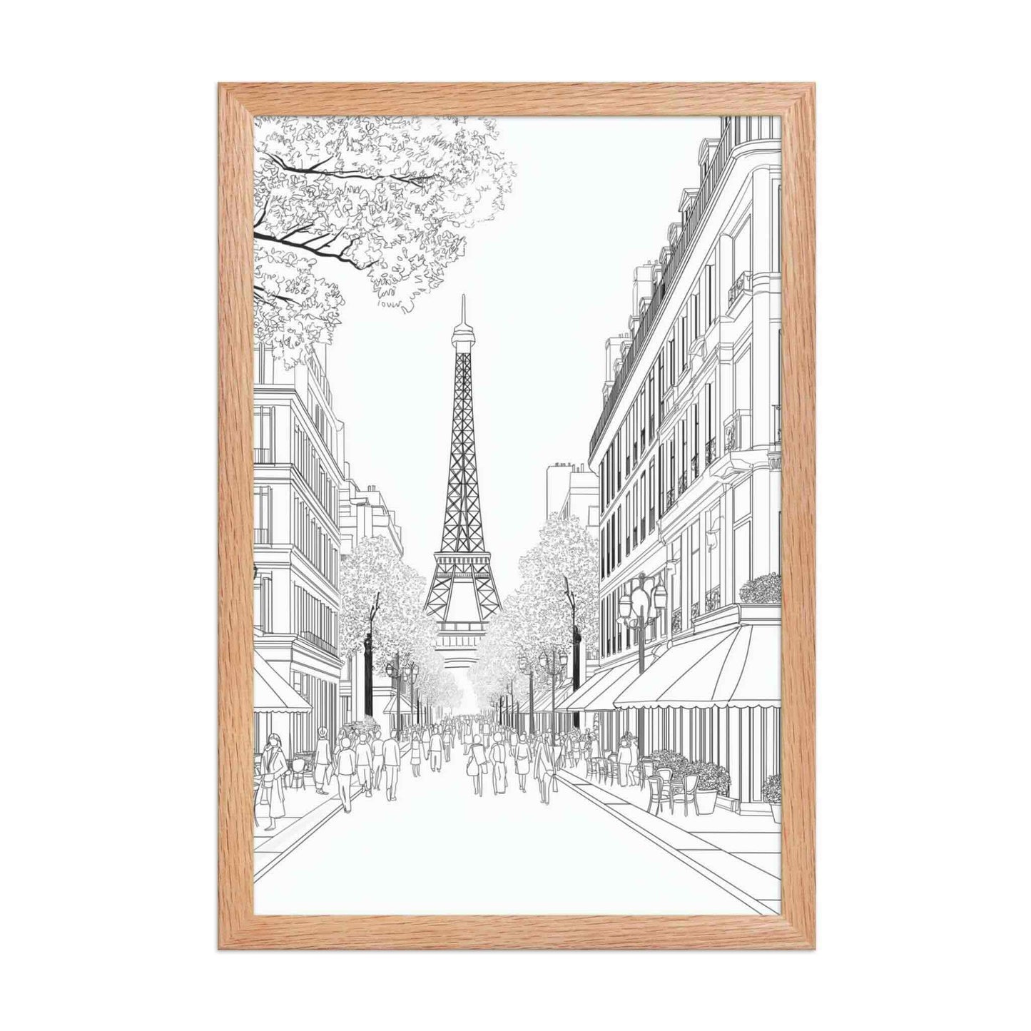 This Paris street drawing framed poster captures the iconic elegance of a French boulevard, in delicate black and white line art. Red oak frame. Dimensions 12x18in portrait. White background.