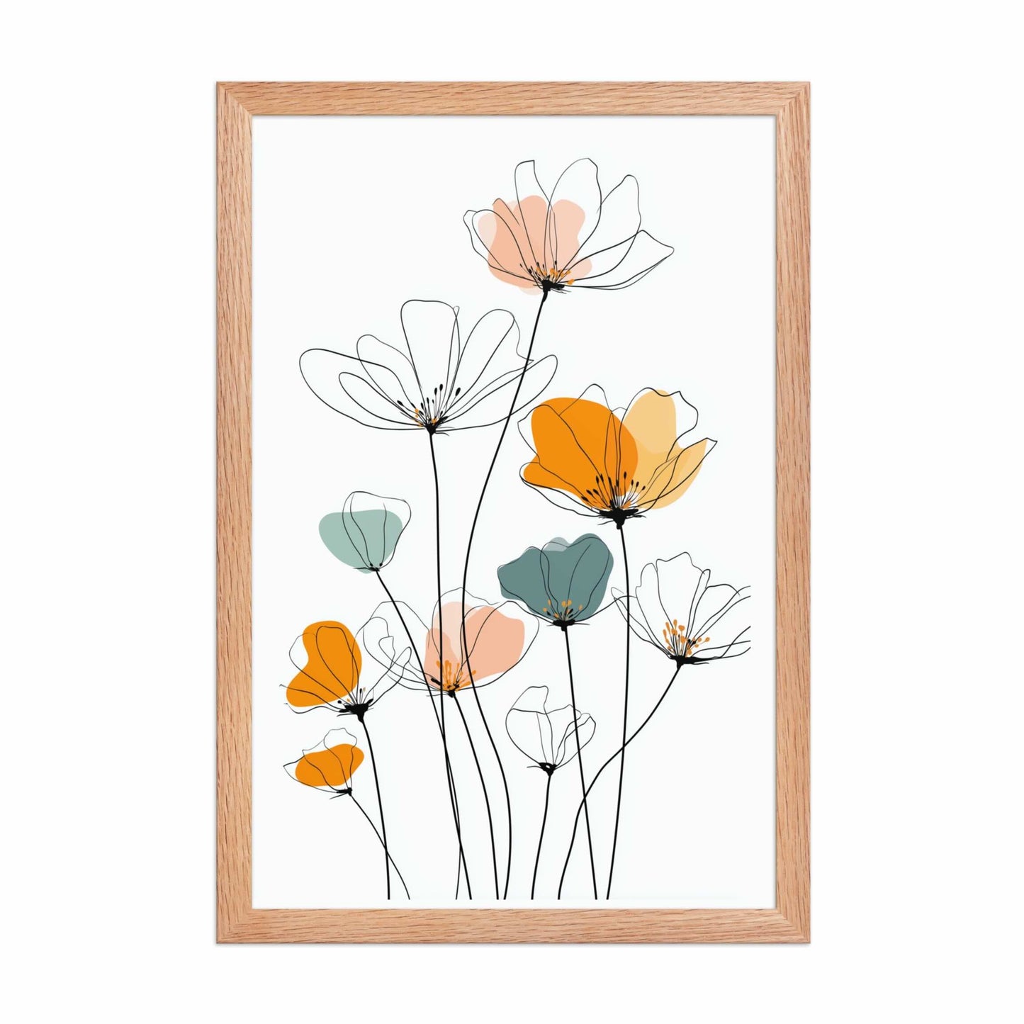 A stunning minimalist Line drawing flowers art print. Delicate black lines meet soft, abstract watercolors in peach, orange. Red oak frame. Dimension 12x18In portrait. White background.