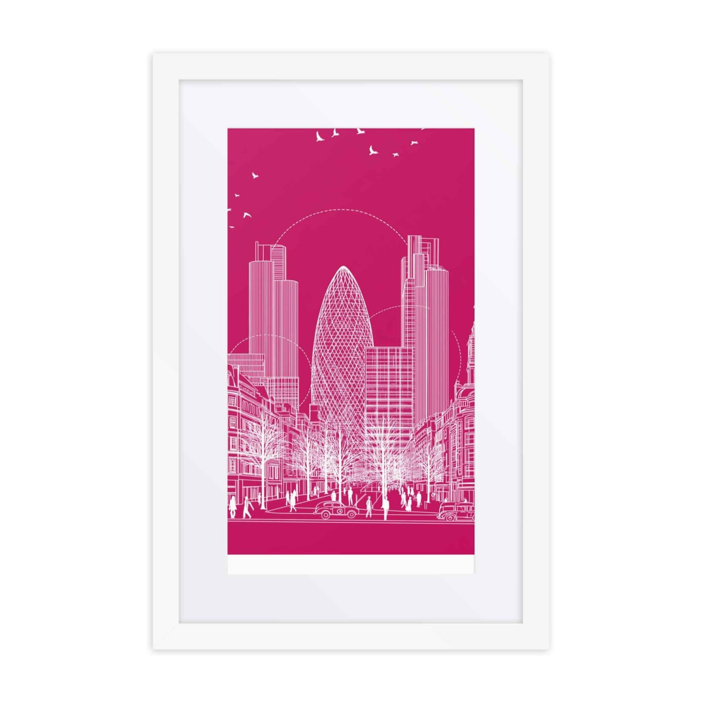 London wall art featuring a sophisticated line drawing which captures the vibrant energy of London, in a framed poster with white frame and thick mat. Dimension 12x18-In portrait. White background.