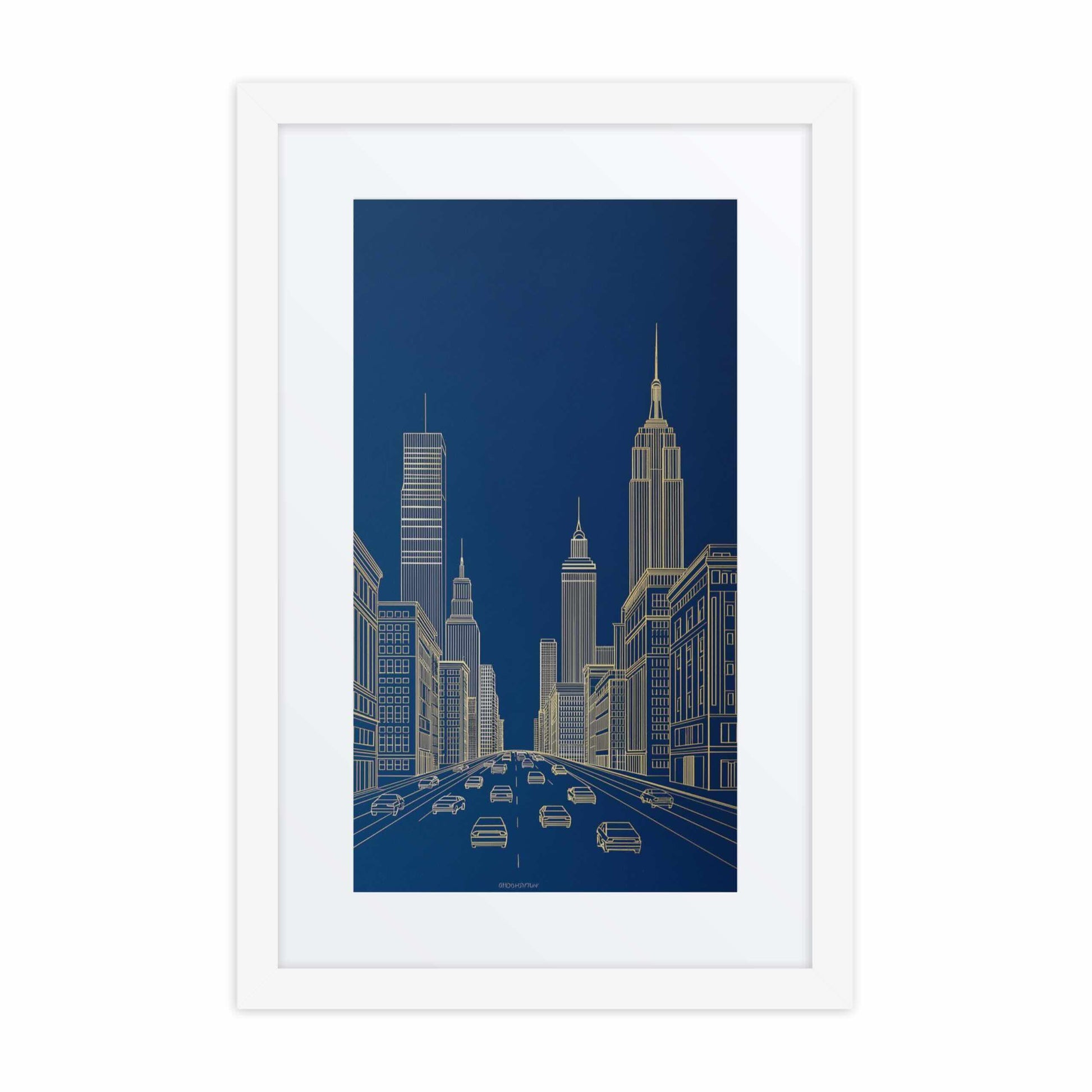 New York skyline line drawing in bold gold lines against a deep architectural blue, in a framed poster with mat. White frame. Dimension 12x18In portrait. White background.