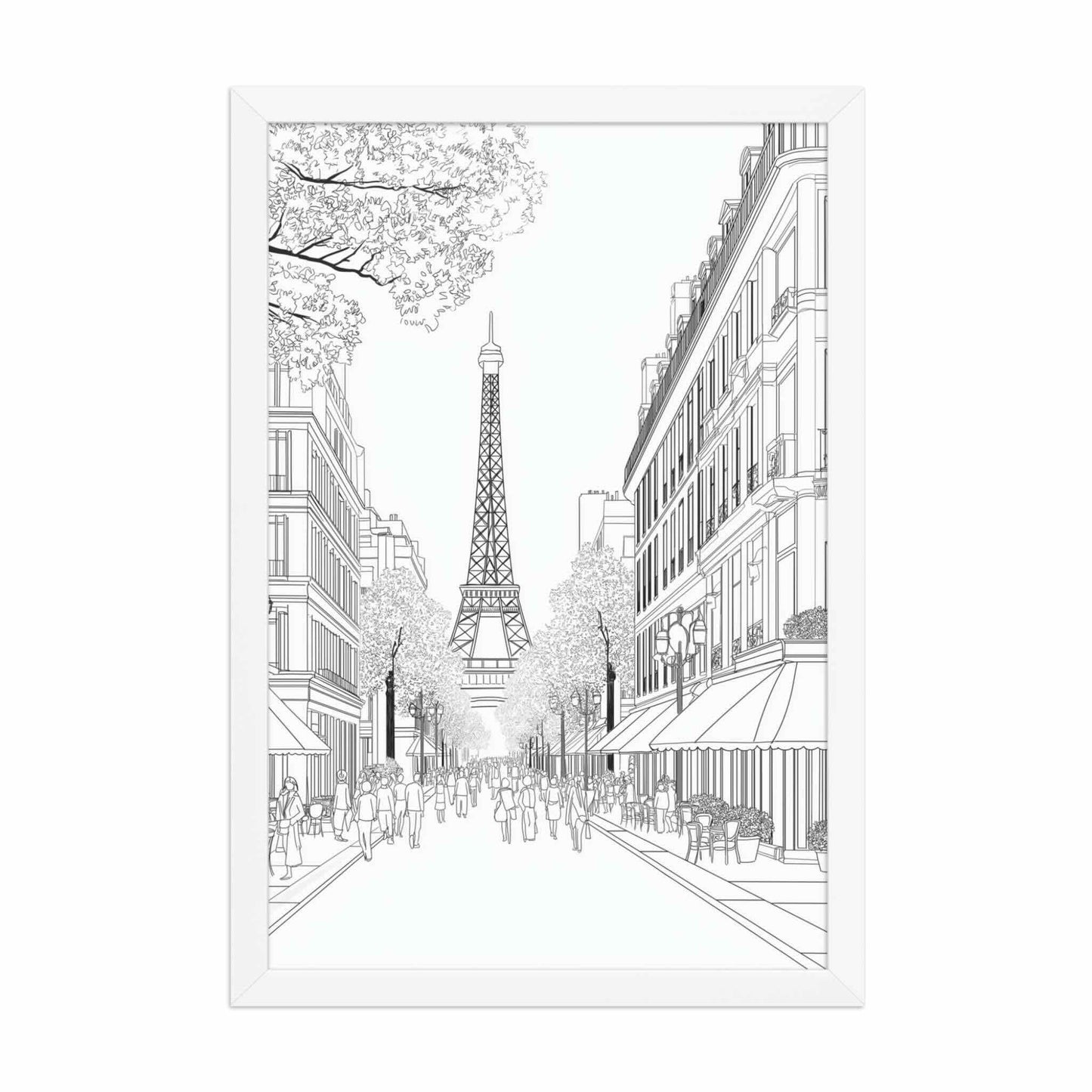This Paris street drawing framed poster captures the iconic elegance of a French boulevard, in delicate black and white line art. White frame. Dimensions 12x18in portrait. White background.