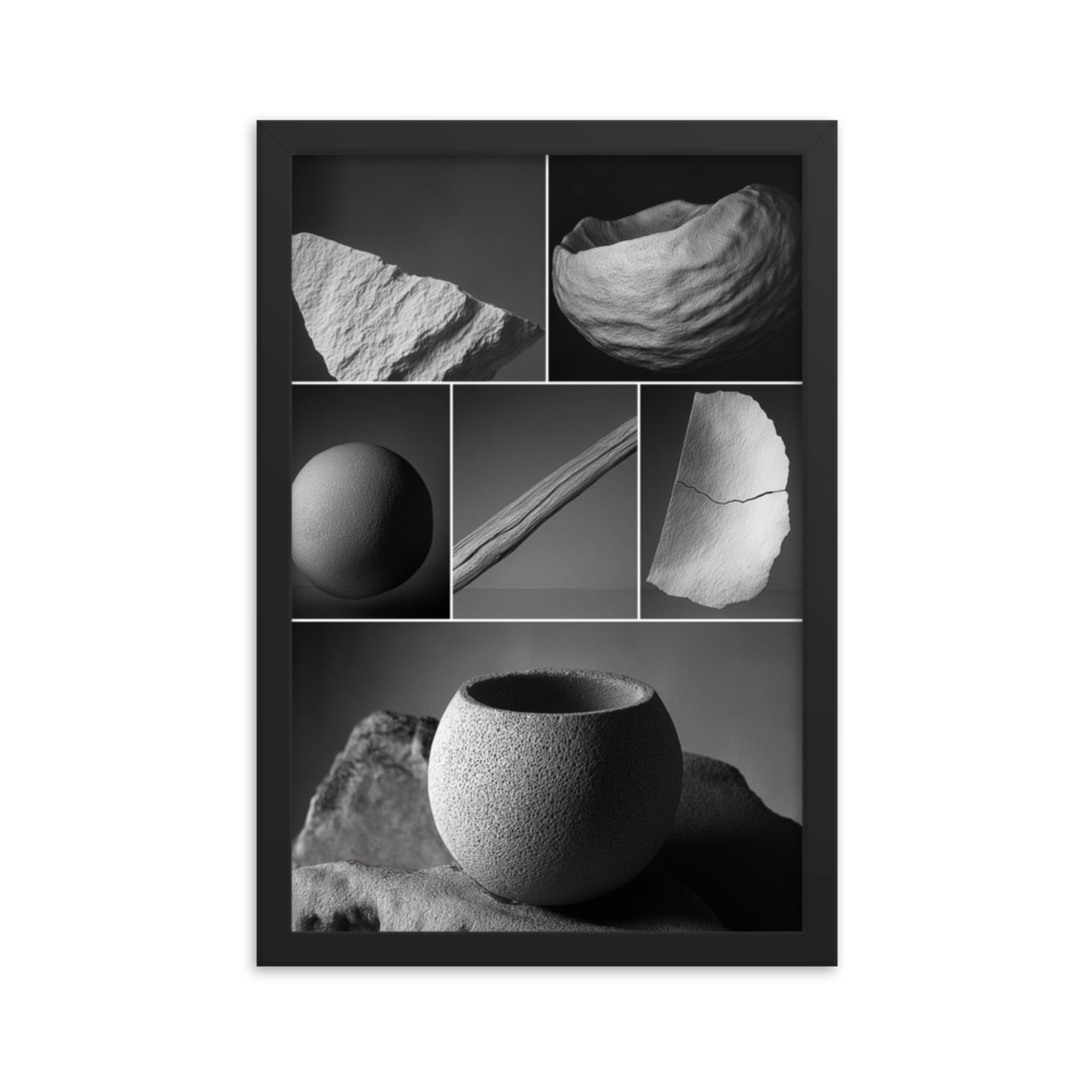 A black and white montage with a nature-inspired theme of natural elements, framed in elegant black. Dimension is 12x18 inches.