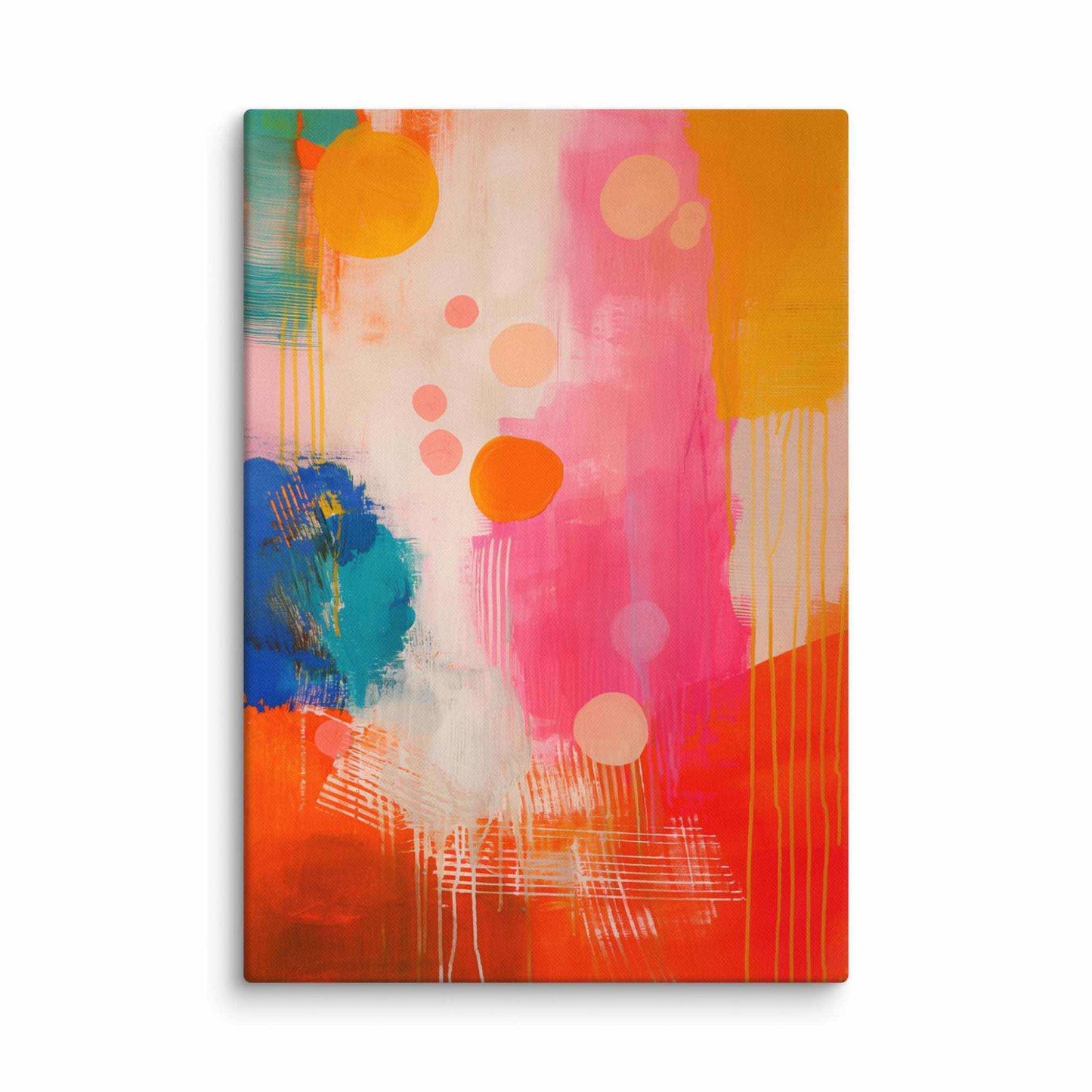 A stunning abstract canvas print featuring eye-catching artwork patches in red, orange, pink, blue and cream. This playful and sophisticated piece is in a 18x26 inches dimension.