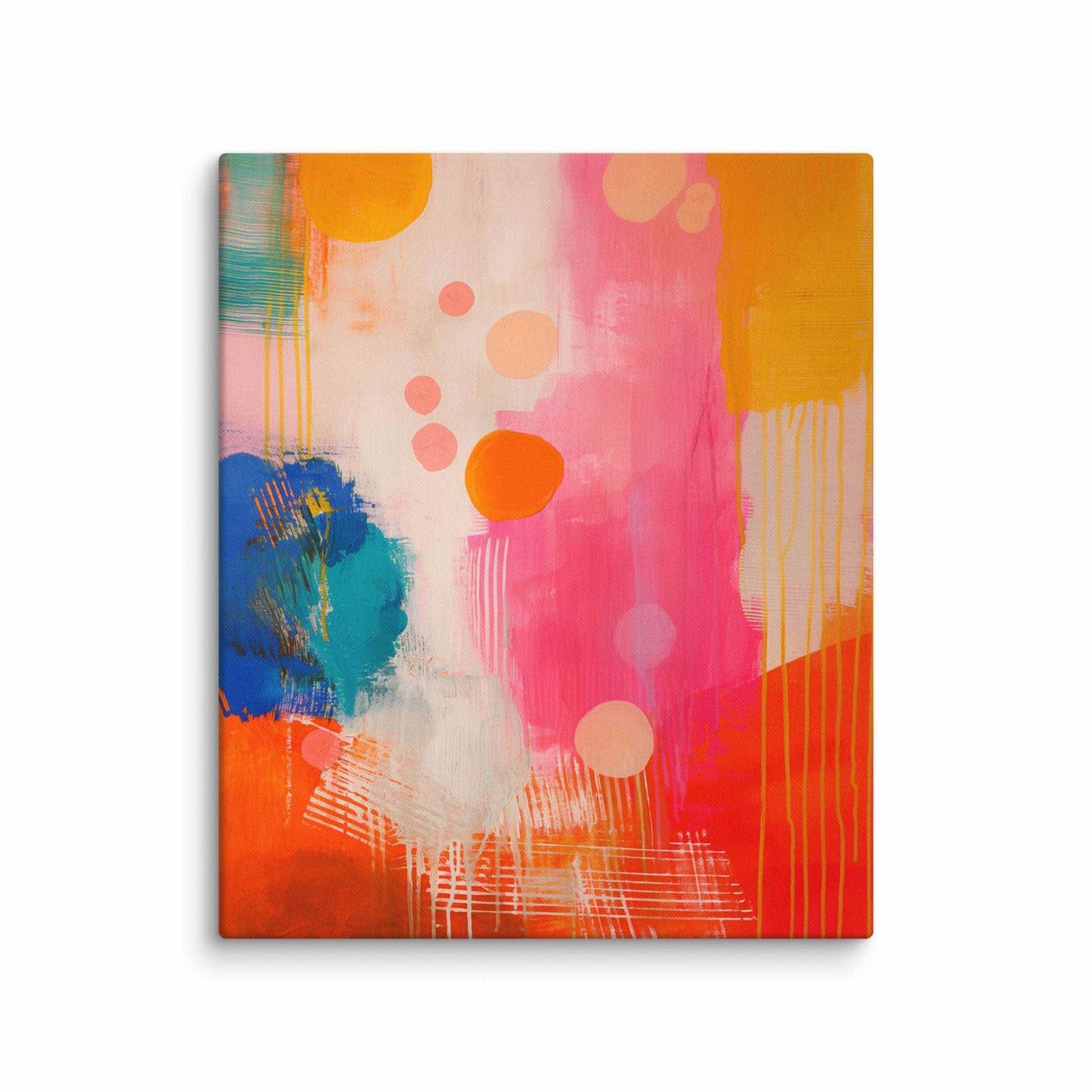 A stunning abstract canvas print featuring eye-catching artwork patches in red, orange, pink, blue and cream. This playful and sophisticated piece is in a 20x24 inches dimension.