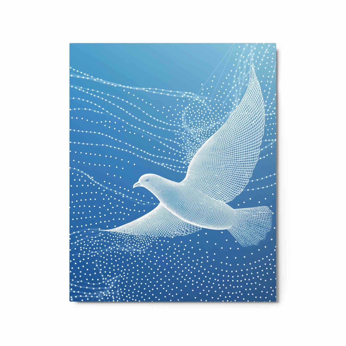 Discover the ethereal beauty of "LUMIRET.DOVE," a stunning metal print featuring an ab/stract white dove in graceful wireframe flight against a serene gradient blue sky. Flowing&nbsp;white lines and dots evoke constellations and motion, creating a modern, peaceful, and sophisticated piece. Elevate your space with this unique blend of nature and digital artistry. The metal print hangs on a blue wall in a study. 16x20 inches portrait dimension. White background.