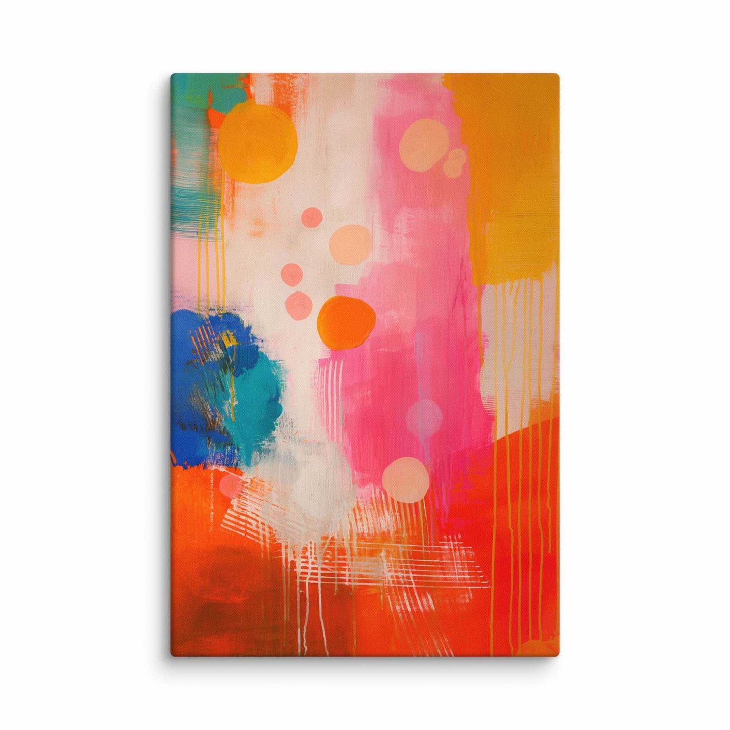 A stunning abstract canvas print featuring eye-catching artwork patches in red, orange, pink, blue and cream. This playful and sophisticated piece is in a 20x30 inches dimension.