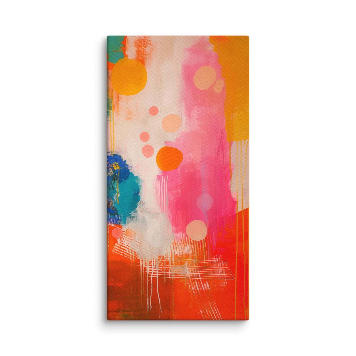 A stunning abstract canvas print featuring eye-catching artwork patches in red, orange, pink, blue and cream. This playful and sophisticated piece is in a 20x40 inches dimension.