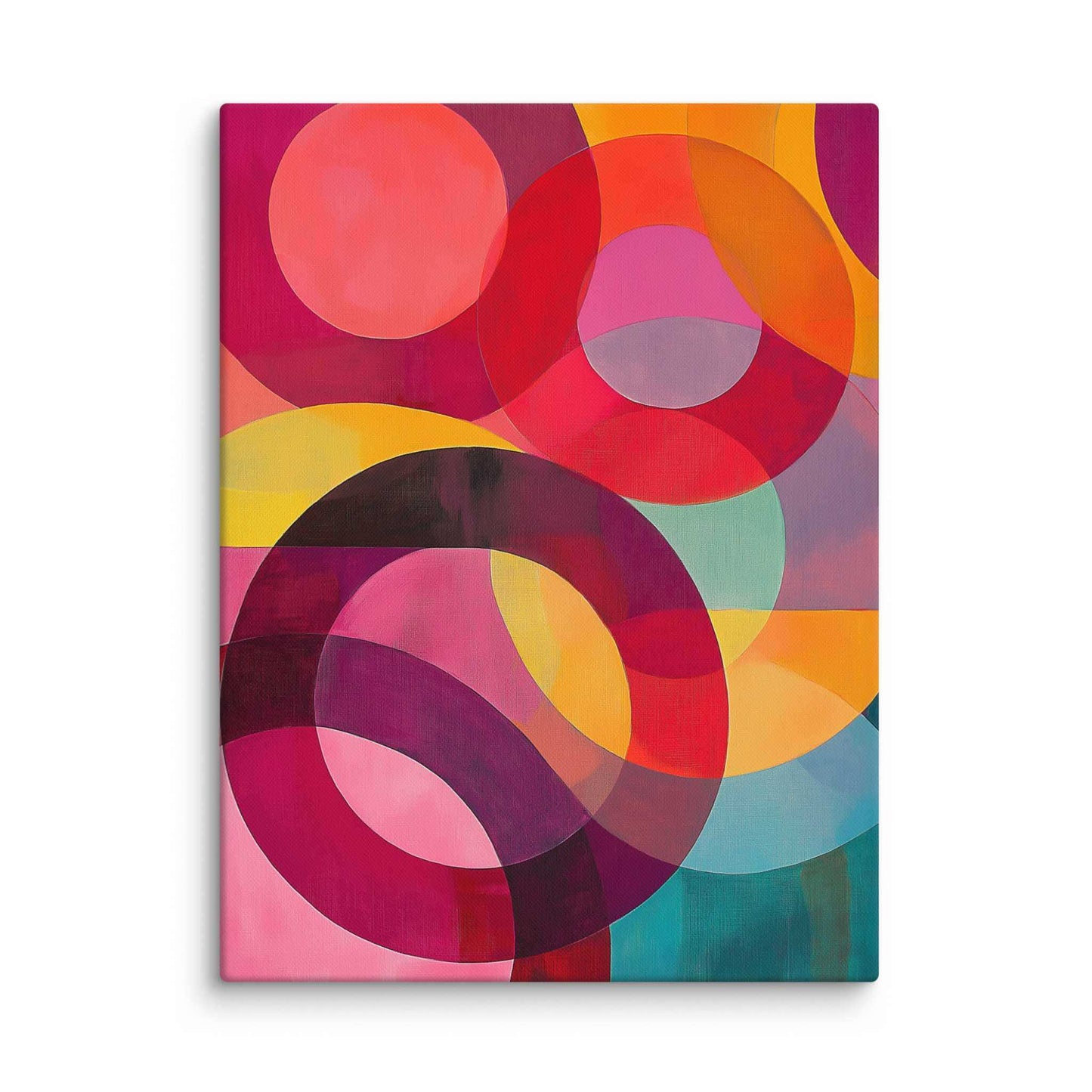 A captivating circular abstract painting featuring vivid reds, pinks, oranges, teal and gold, in 18x24 inches dimension.