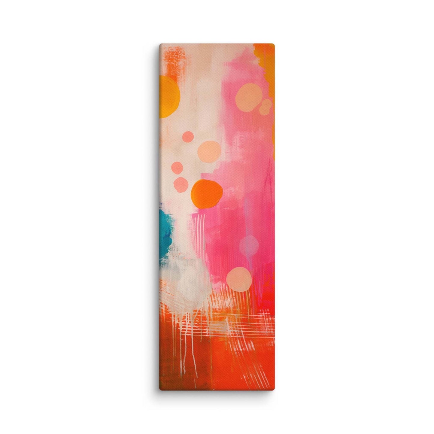 A stunning abstract canvas print featuring eye-catching artwork patches in red, orange, pink, blue and cream. This playful and sophisticated piece is in a 20x60 inches dimension.