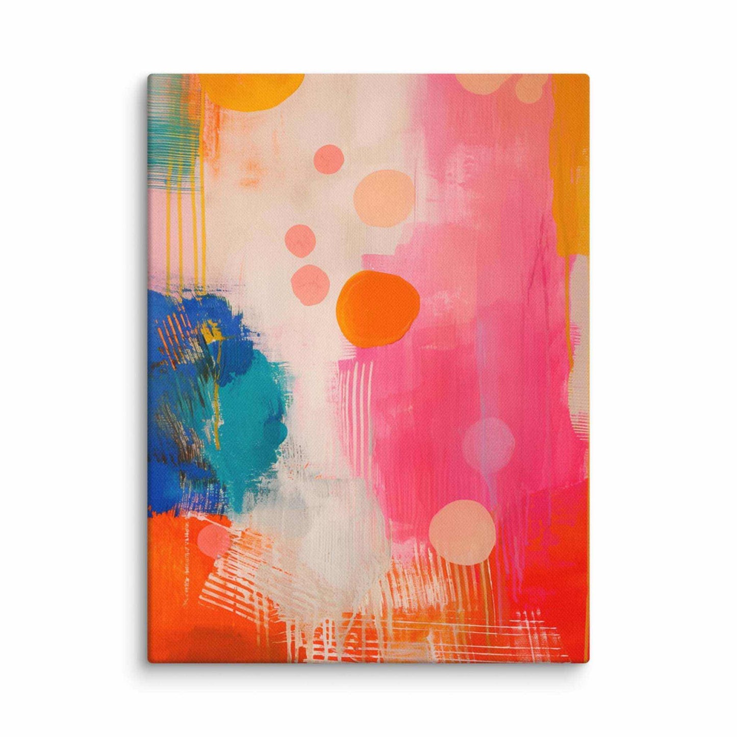 A stunning abstract canvas print featuring eye-catching artwork patches in red, orange, pink, blue and cream. This playful and sophisticated piece is in a 12x16 inches dimension.