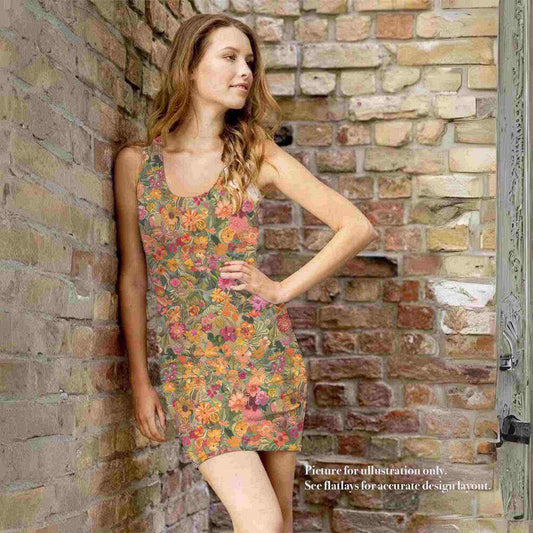 A model wearing a body-hugging, sleeveless bodycon dress which features an anstract floral design in primarily orange shade, creating a colourful and tropical effect. The model stands in a corner formed by rustic brick walls.