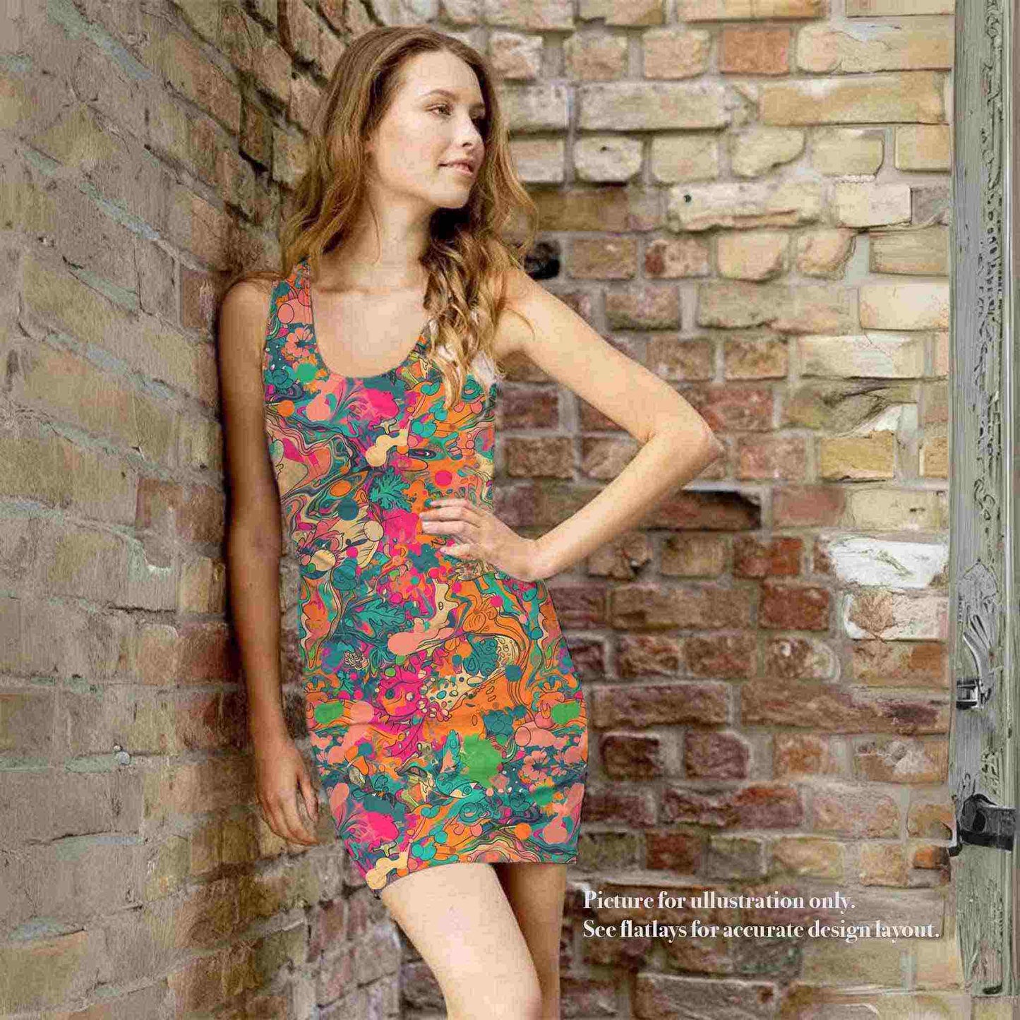 A model wearing a body-hugging, sleeveless bodycon dress which features an anstract floral design in primarily pink and orange shades, creating a colourful and tropical effect. The model stands in a corner formed by rustic brick walls.