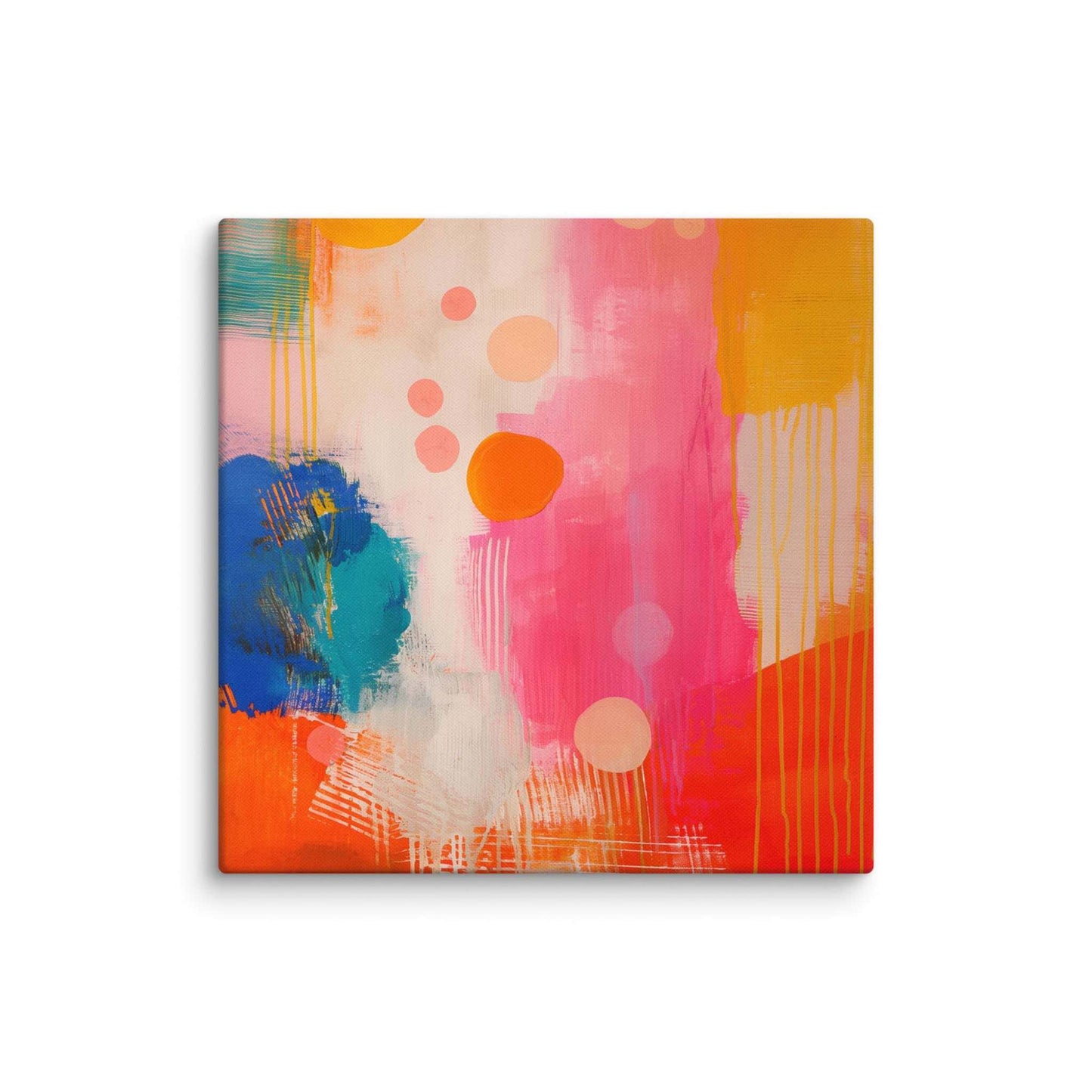 A stunning abstract canvas print featuring eye-catching artwork patches in red, orange, pink, blue and cream. This playful and sophisticated piece is in a 24x24 inches dimension.