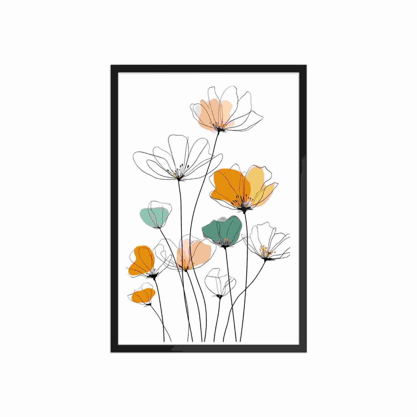 A stunning minimalist Line drawing flowers art print. Delicate black lines meet soft, abstract watercolors in peach, orange. Black frame. Dimension 20x30In portrait. White background.