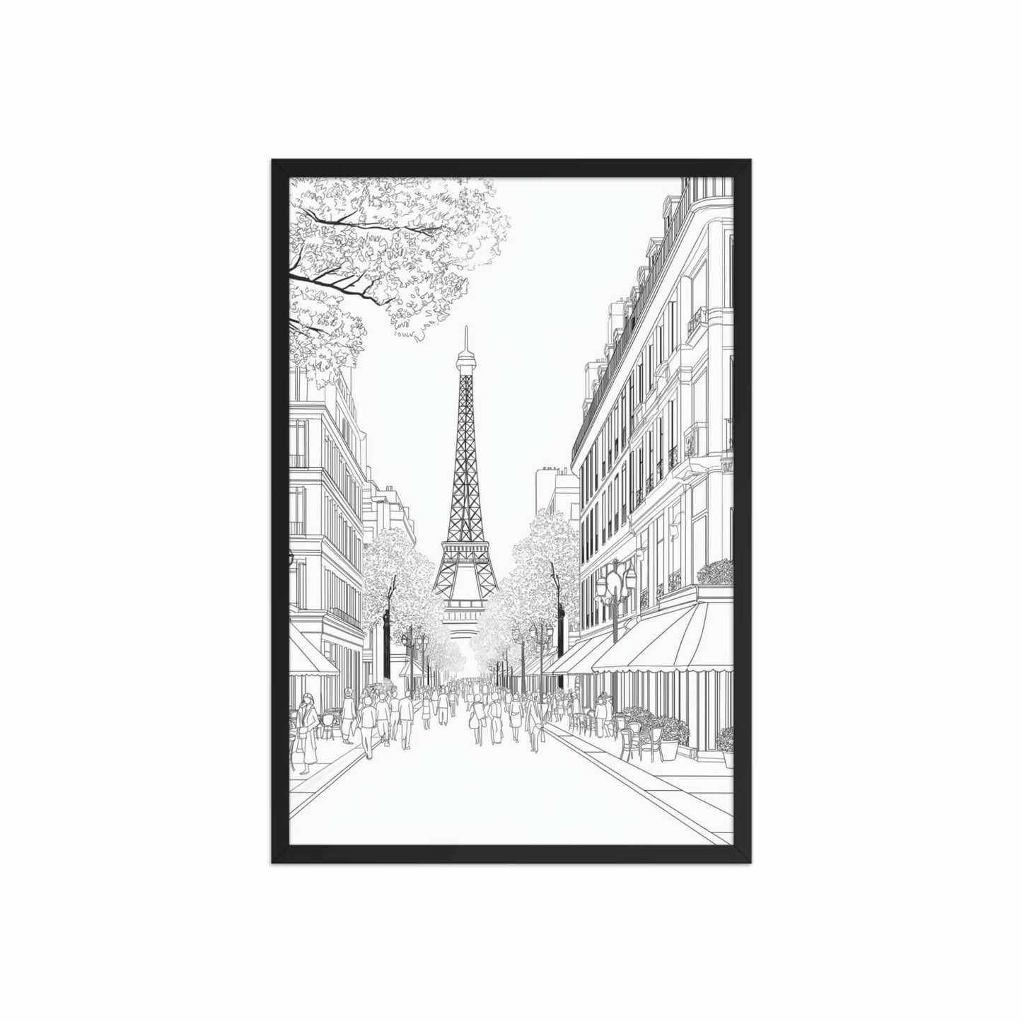 This Paris street drawing framed poster captures the iconic elegance of a French boulevard, in delicate black and white line art. Black Frame. Dimensions 20x30in portrait. White background.