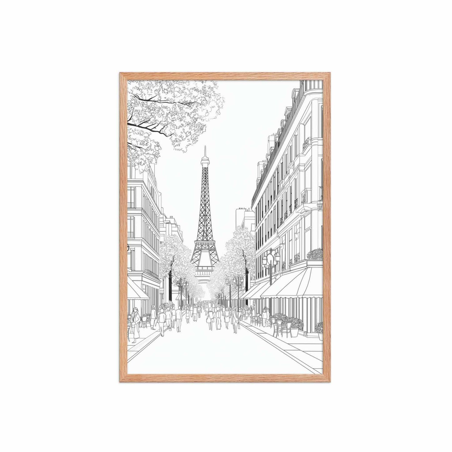 This Paris street drawing framed poster captures the iconic elegance of a French boulevard, in delicate black and white line art. Red oak frame. Dimensions 20x30in portrait. White background.