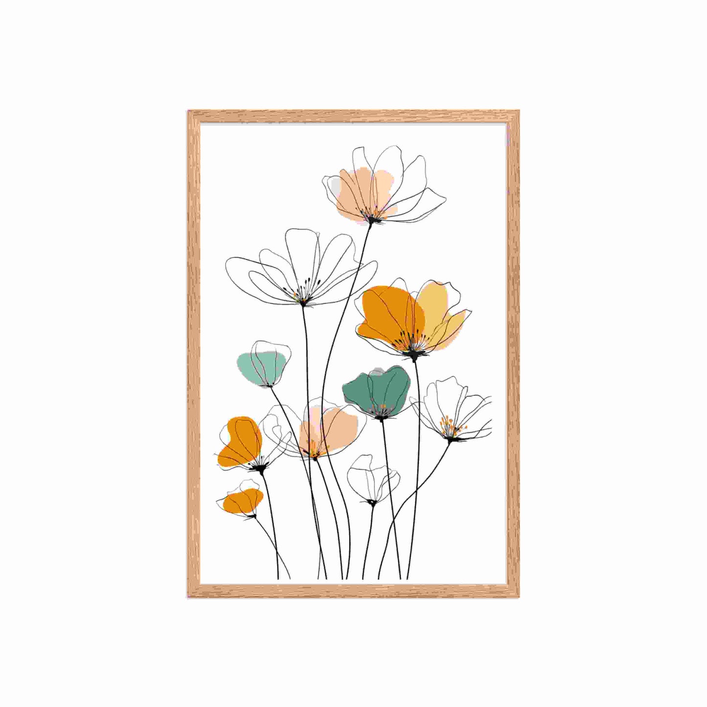 A stunning minimalist Line drawing flowers art print. Delicate black lines meet soft, abstract watercolors in peach, orange. Red oak frame. Dimension 20x30In portrait. White background.