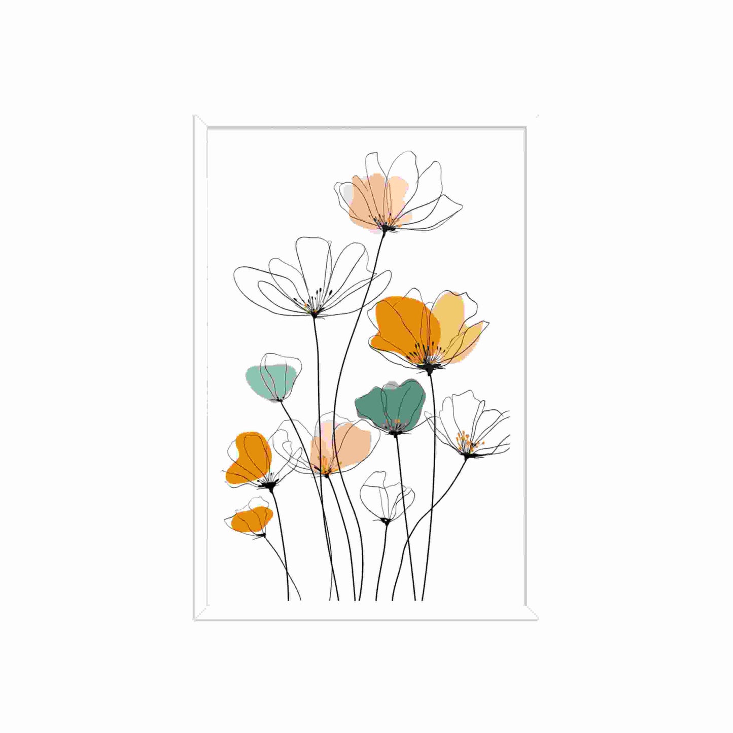 A stunning minimalist Line drawing flowers art print. Delicate black lines meet soft, abstract watercolors in peach, orange. White frame. Dimension 20x30In portrait. White background.