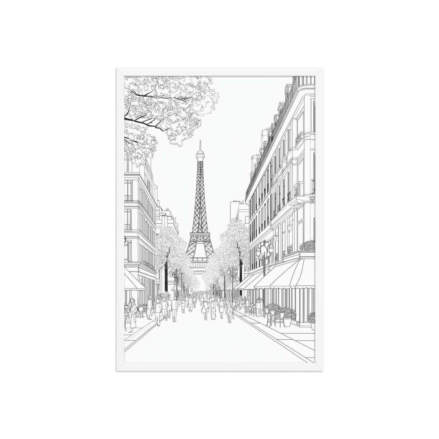 This Paris street drawing framed poster captures the iconic elegance of a French boulevard, in delicate black and white line art. White frame. Dimensions 20x30in portrait. White background.
