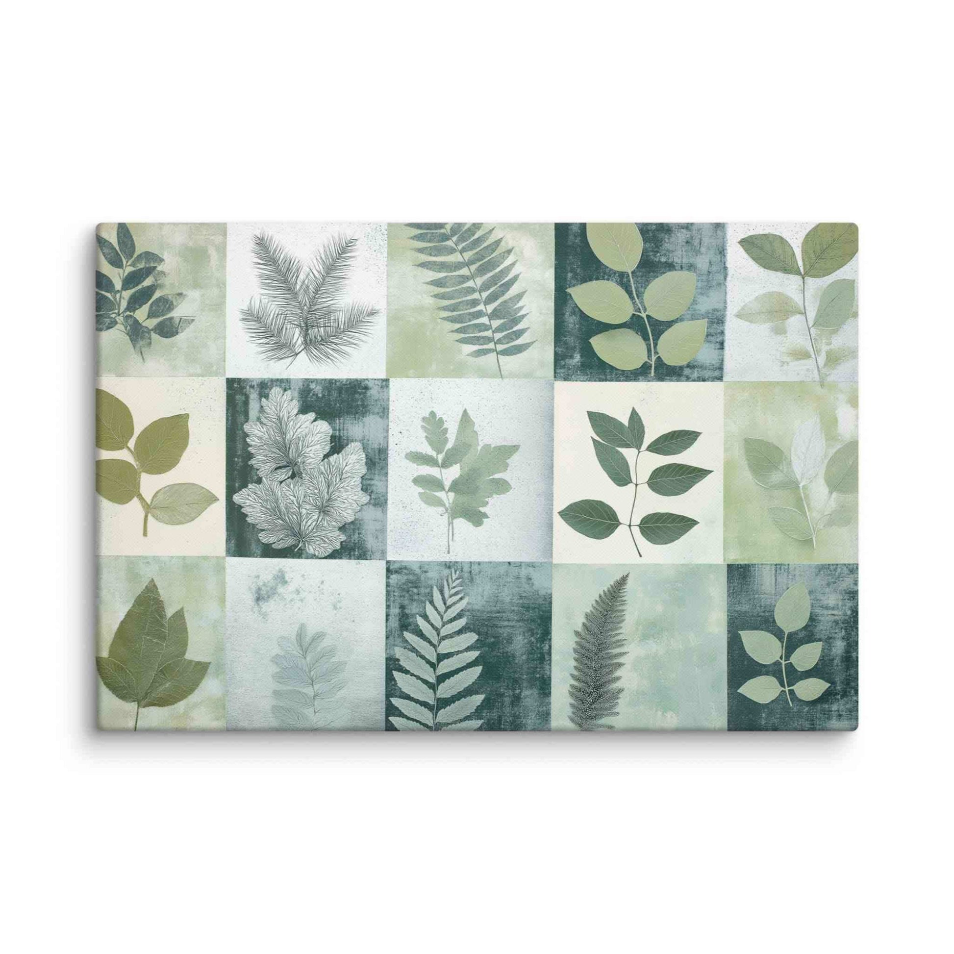 Discover "PHOTOTYPE17," a landscape canvas print showcasing a mesmerizing green botanical cyanotype collage. This unique artwork features an artistic grid of striking leaves. Experience the serene yet scientific beauty of this modern herbarium-inspired piece. Perfect for adding a touch of natural sophistication to your space. 20x30 inch landscape dimension. White background.