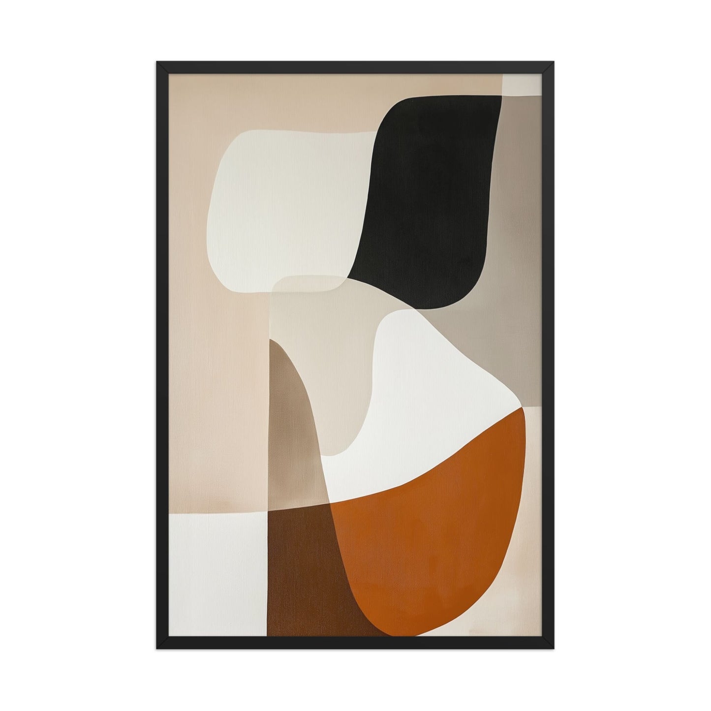Discover "ORVAN," a sophisticated framed poster featuring elegant, organic abstract art in warm neutrals. Beige, cream, taupe, terracotta, rust, and black blend with smooth transitions, creating calming yet visually captivating piece. 24x36 inches portrait dimension. Framed in wood in black color. White background.
