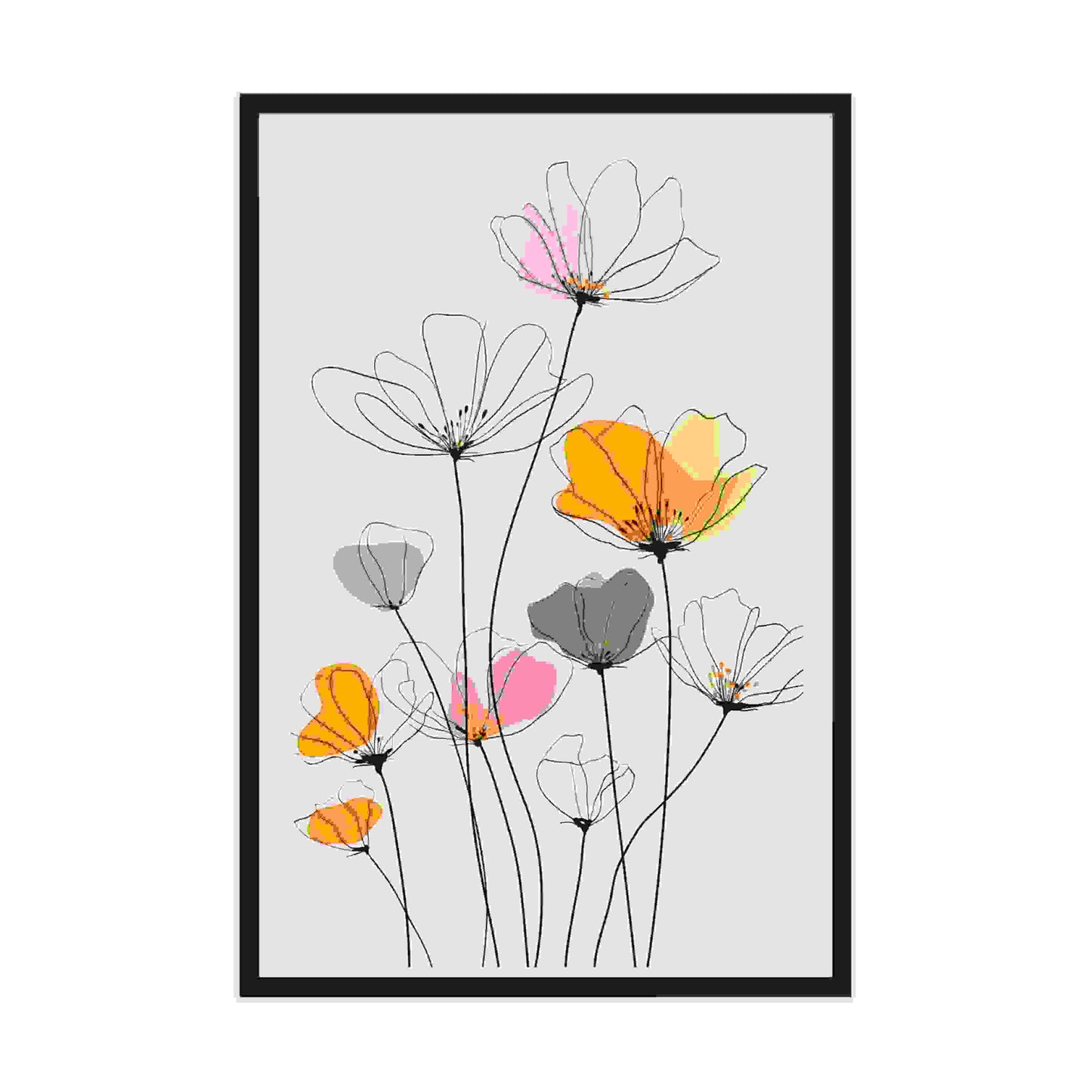 A stunning minimalist Line drawing flowers art print. Delicate black lines meet soft, abstract watercolors in peach, orange. Black frame. Dimension 24x36In portrait. White background.